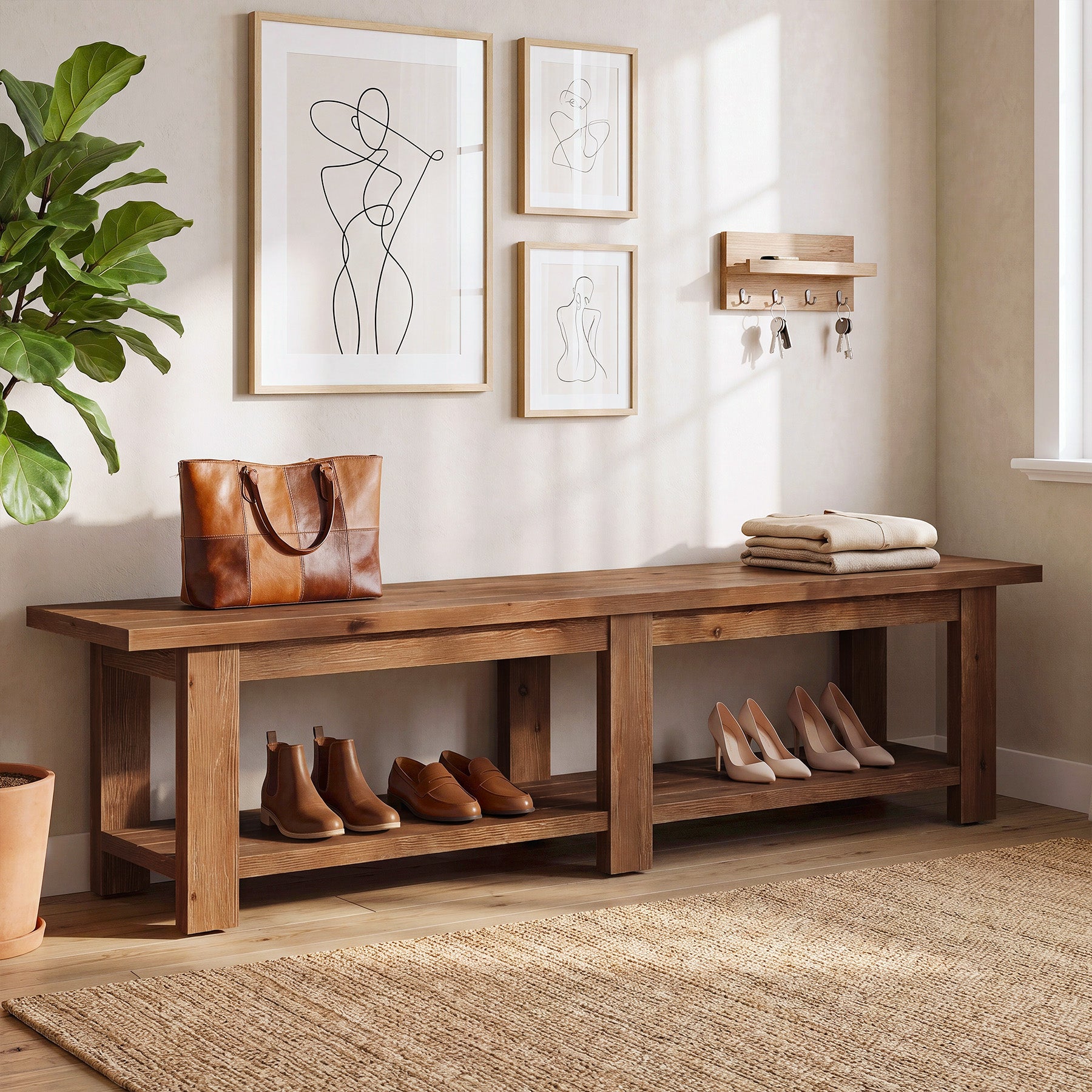 Tribesigns 70.9-Inch Solid Wood Shoe Bench with Storage, Extra Long Farmhouse Bench for Entryway