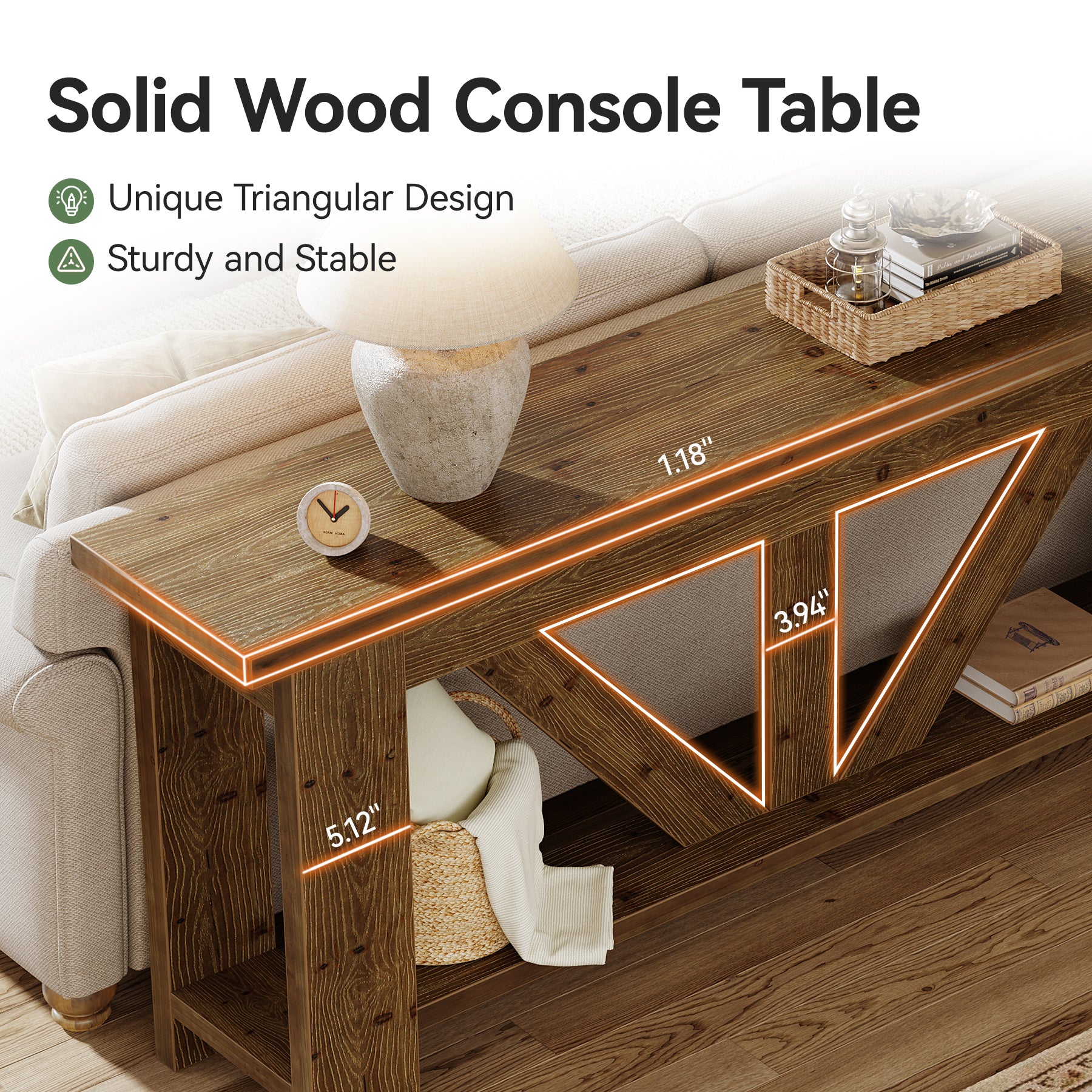 70.9-Inch Solid Wood Console Table with Triangular Base, 2-Tier Sofa Table for Hallway