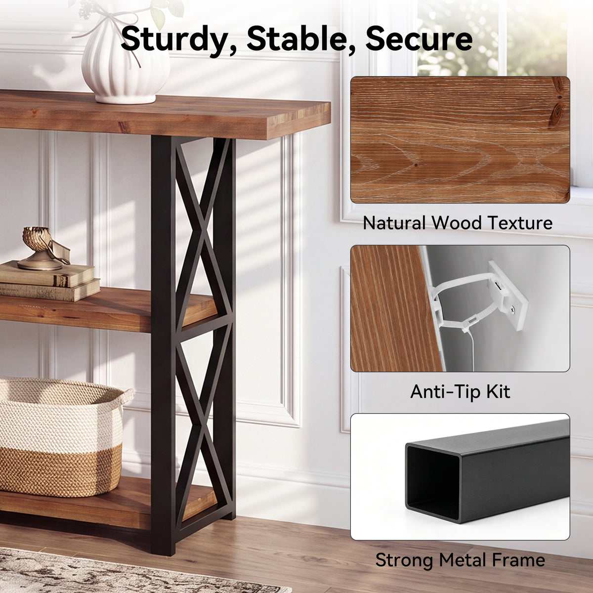 Tribesigns 63-Inch Narrow Console Table with 3-Tier Storage, Rustic Sofa Table for Hallway and Entryway
