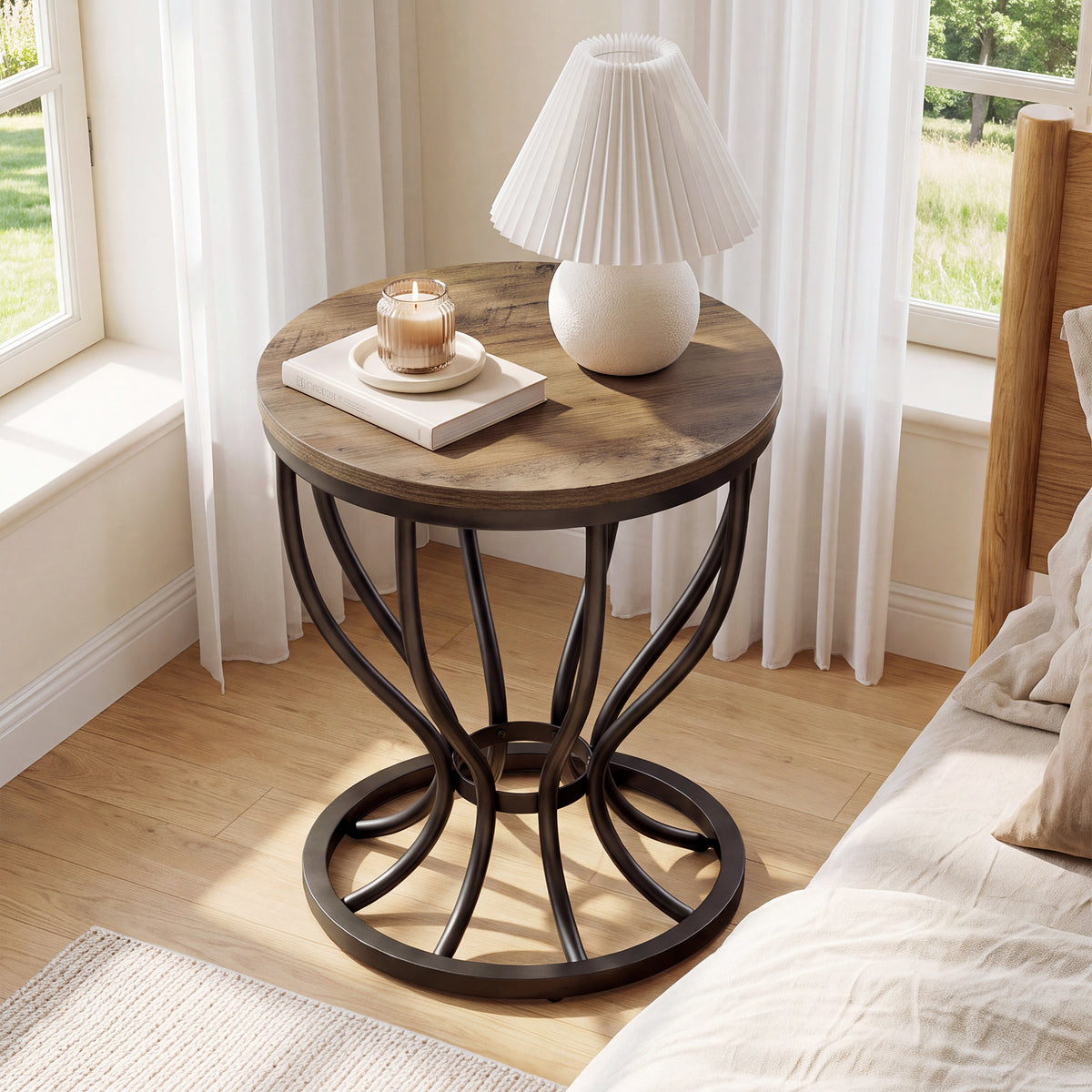 Tribesigns 19.7-Inch Round Side Table with Metal Frame, Rustic Accent Table for Living Room