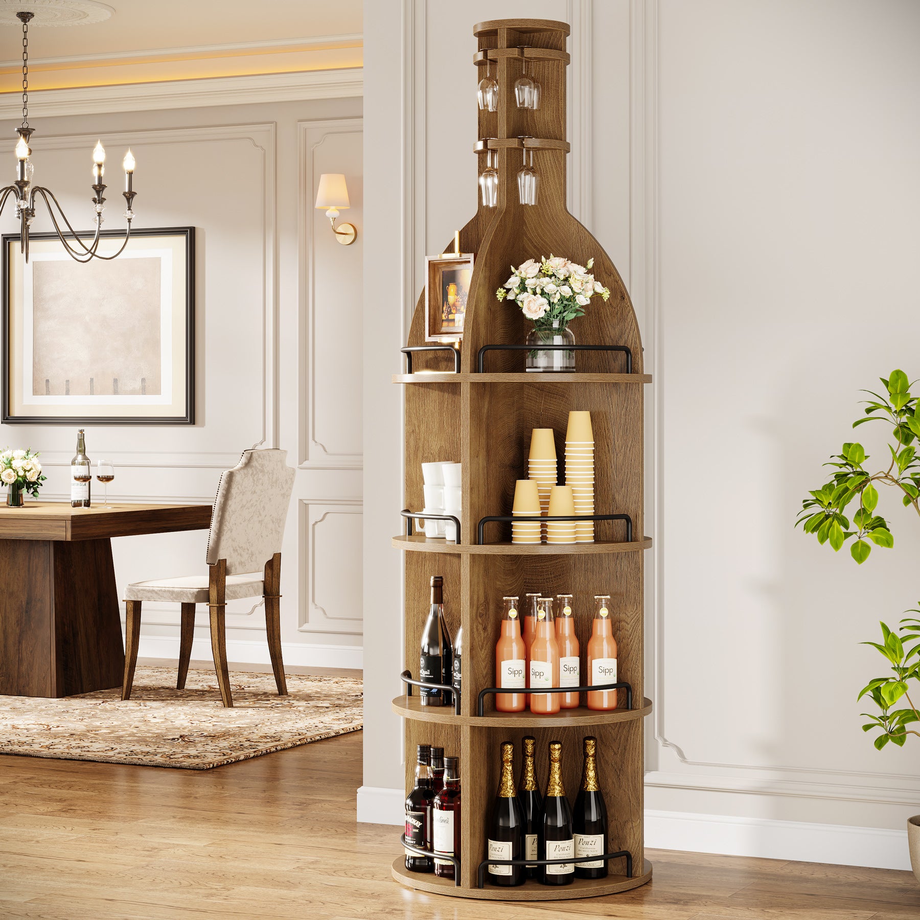 Tribesigns 74.8 Inch Tall Round Wine Rack with Storage Shelves and Glass Holder, Freestanding Wine Bar Cabinet for Home Bar