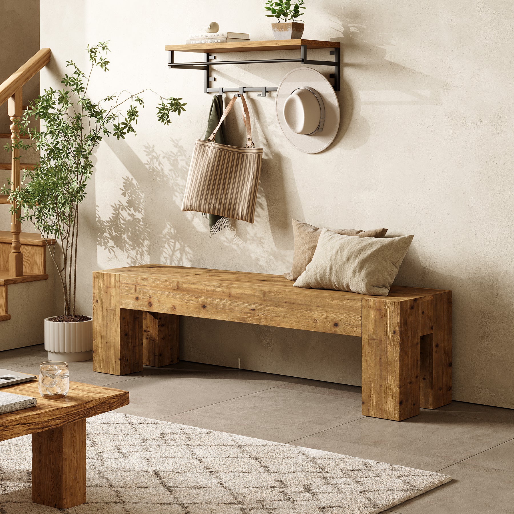 Tribesigns 63-Inch Solid Wood Entryway Bench with Sturdy Frame, Rustic Farmhouse Long Bench for Hallway Living Room and Bedroom