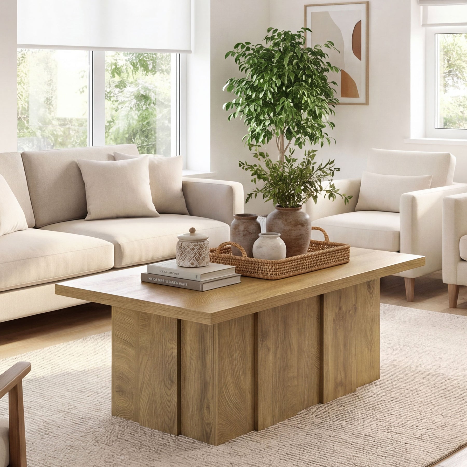 47.2-Inch Coffee Table with Fluted Pedestal Base, Farmhouse Center Table for Living Room