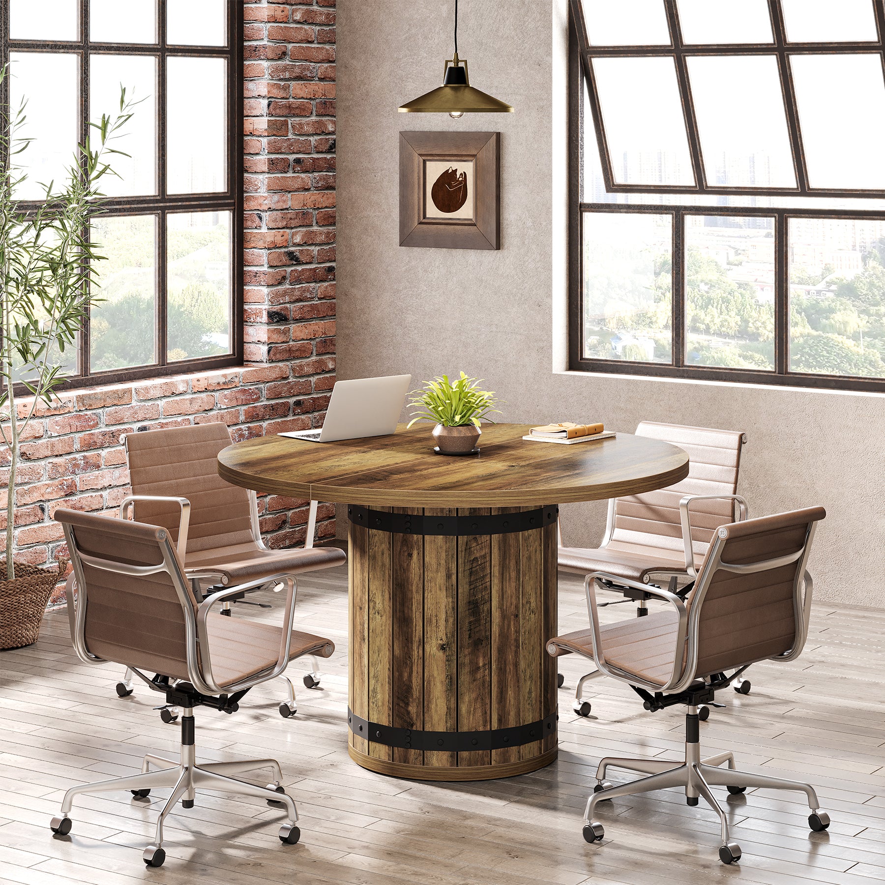 Tribesigns 39.37-Inch Round Conference Table, Fence Base Meeting Table
