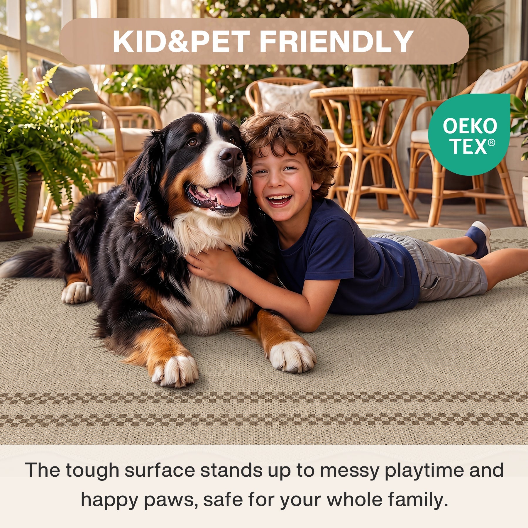 Tribesigns Indoor and Outdoor Rug, Weather-Resistant, Jute-Look, Scalloped Border and Farmhouse-Style Pattern, Washable and Non-Slip
