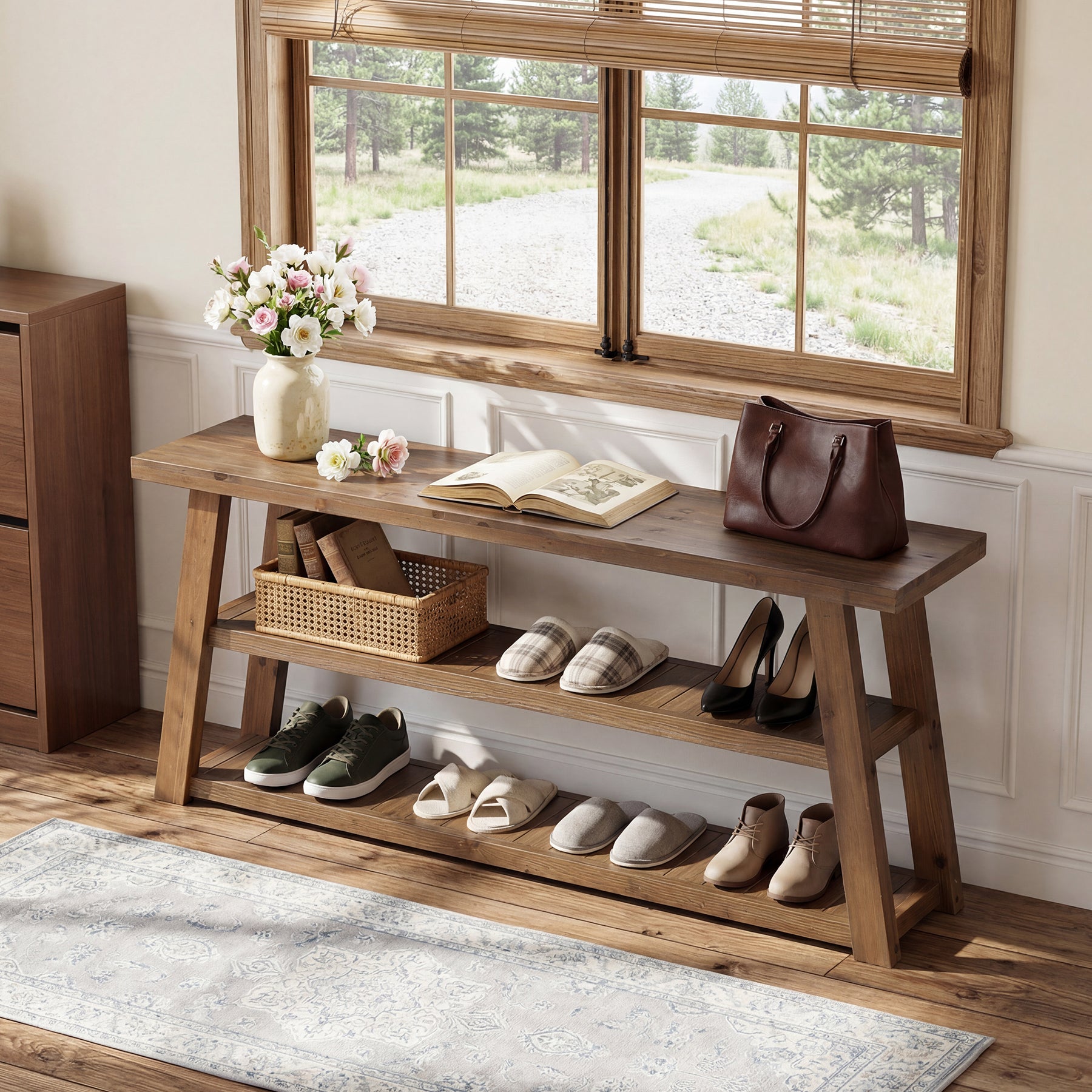 Tribesigns 62.99 Inch Solid Wood Console Table with 3-Tier Shelves, Farmhouse Hallway Table