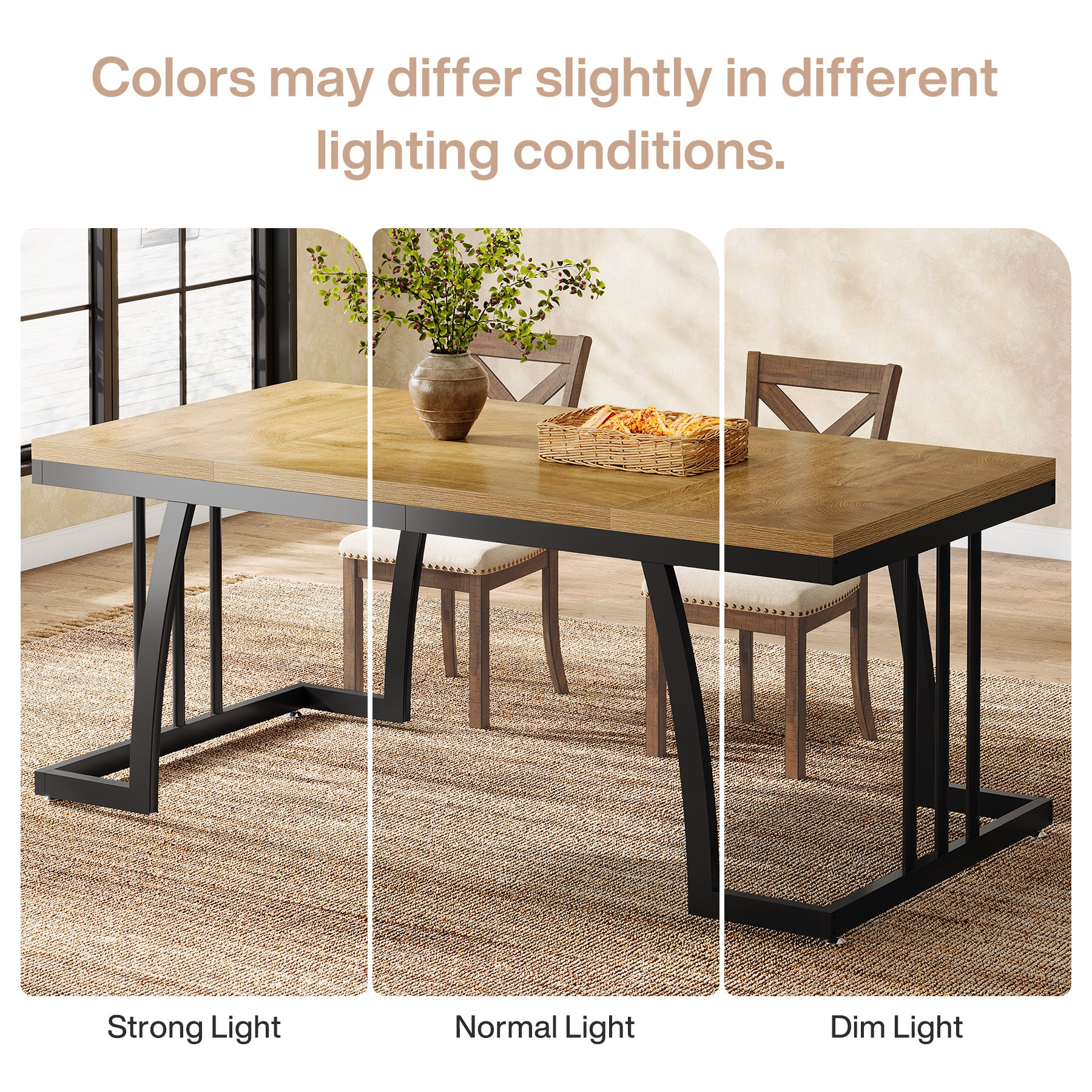 6-Seater Rustic Dining Table, 63" Rectangular Wood Table with Metal Frame for Dining Room