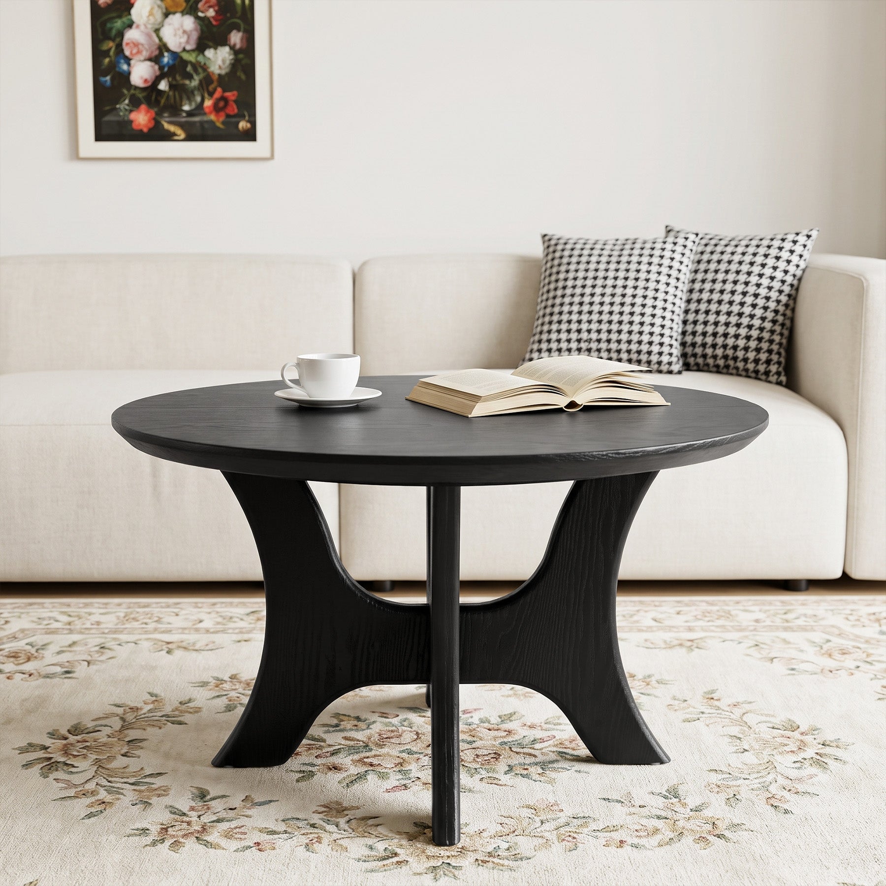 Tribesigns 31.1 Inch Round Coffee Table with Cross Base, Modern Black Table for Living Room