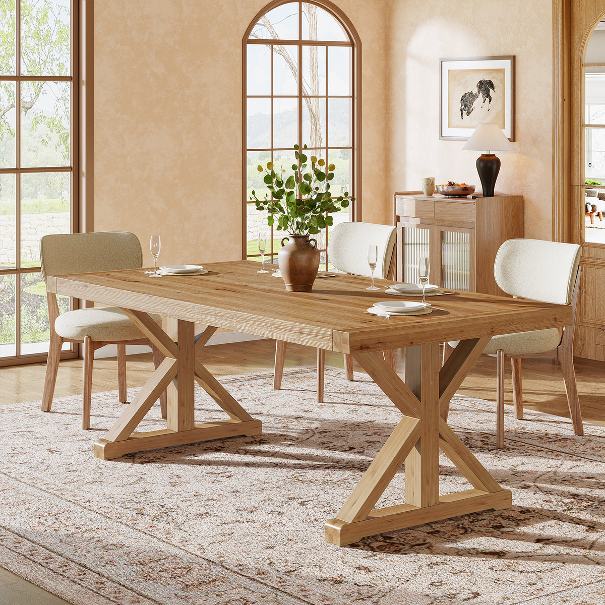 63 Inch Solid Wood Dining Table for 4-6, Farmhouse Kitchen Table with X-Shaped Legs for Dining Room