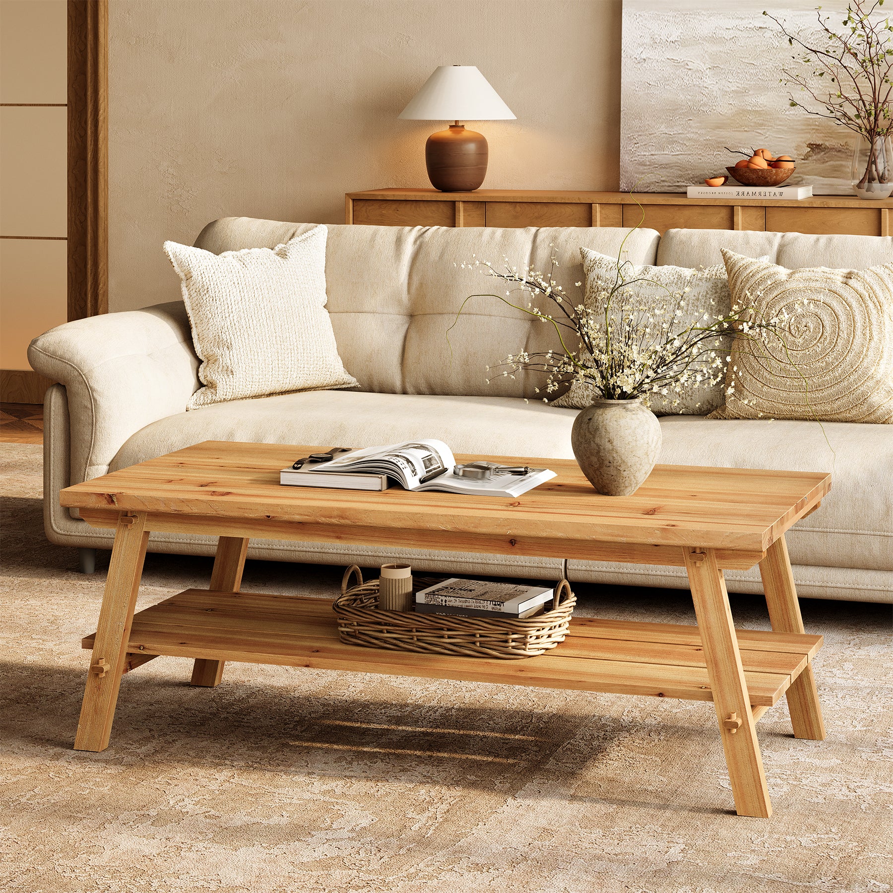 Farmhouse Rectangular Coffee Table, 47-Inch Solid Wood with Two Storage Shelves