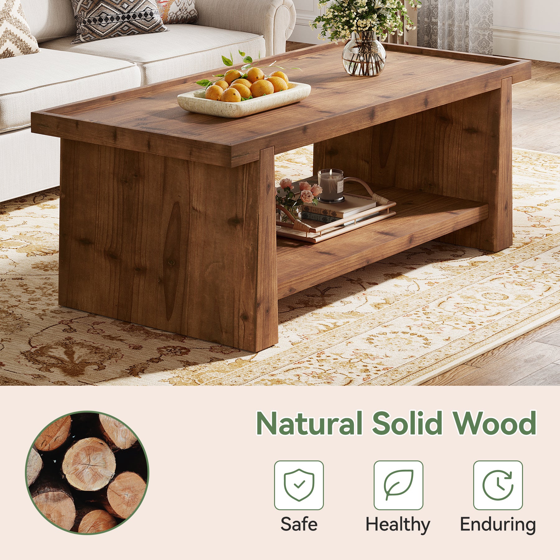 47.24"  Solid Wood Coffee Table with Raised Edge, Rustic Farmhouse 2 Tier Center Table