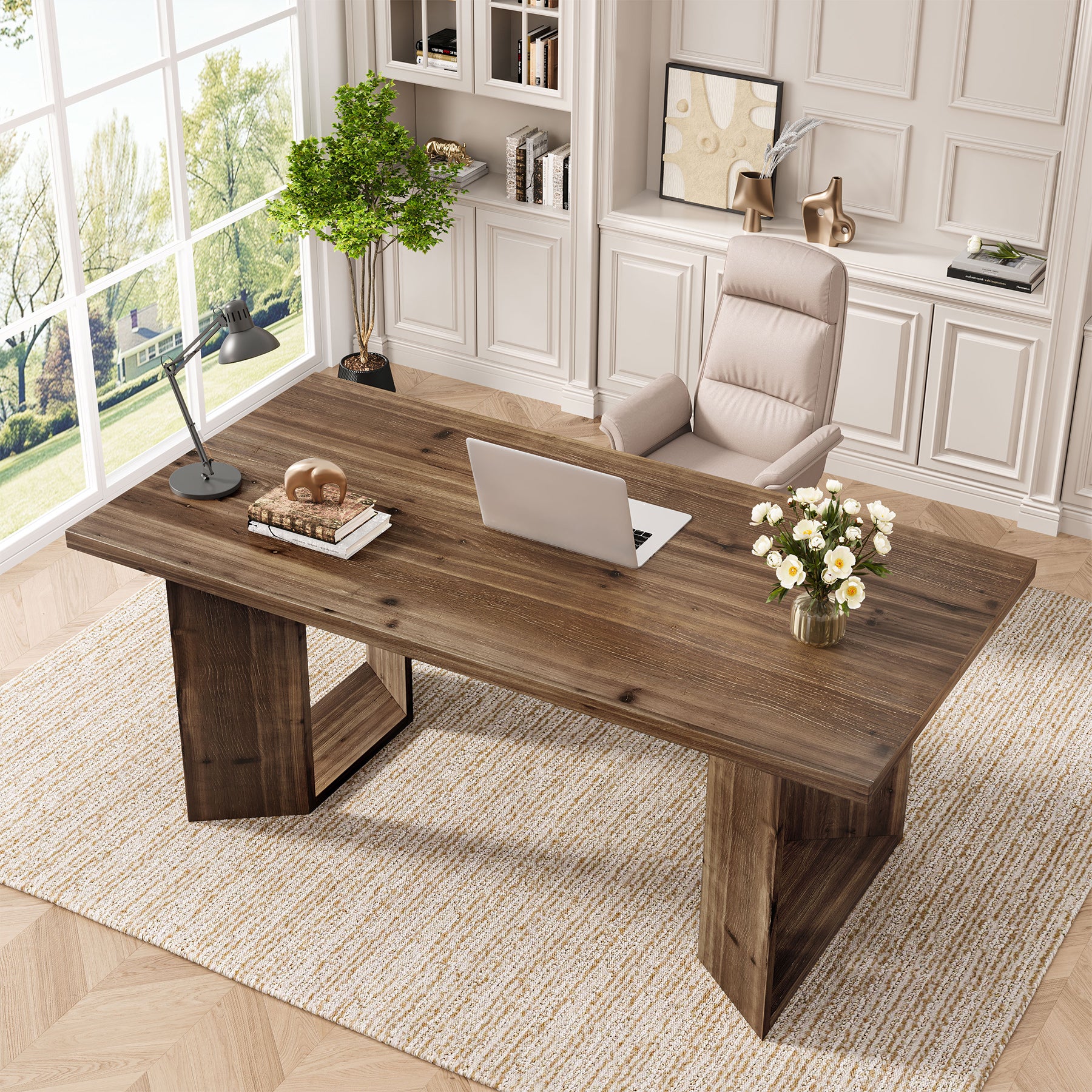 Tribesigns 63-Inch Solid Wood Executive Desk, Farmhouse Office Desk with U-Legs for Home Office