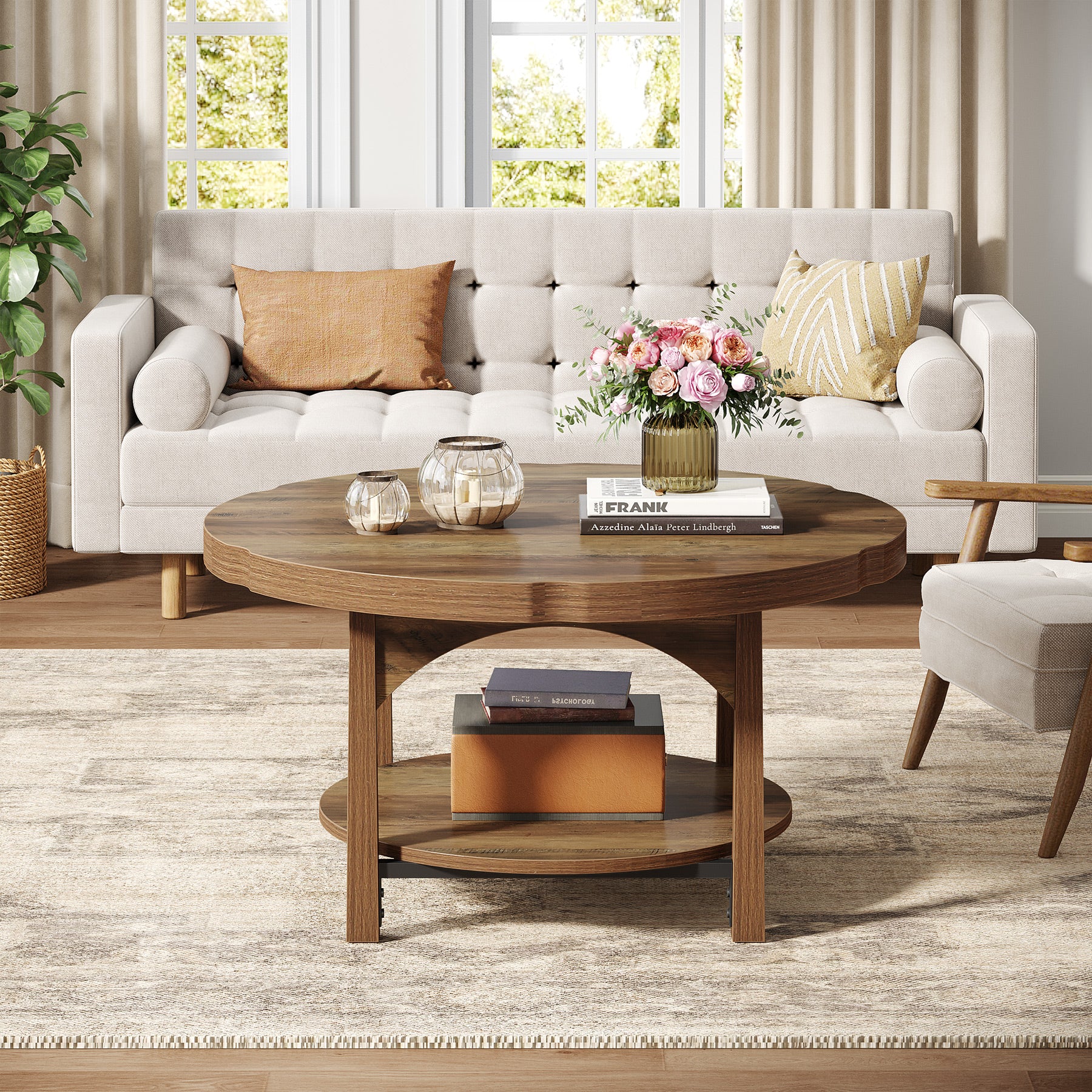 31.5" Round Coffee Table with 2 Tier Storage, Farmhouse Wooden Accent Center Table