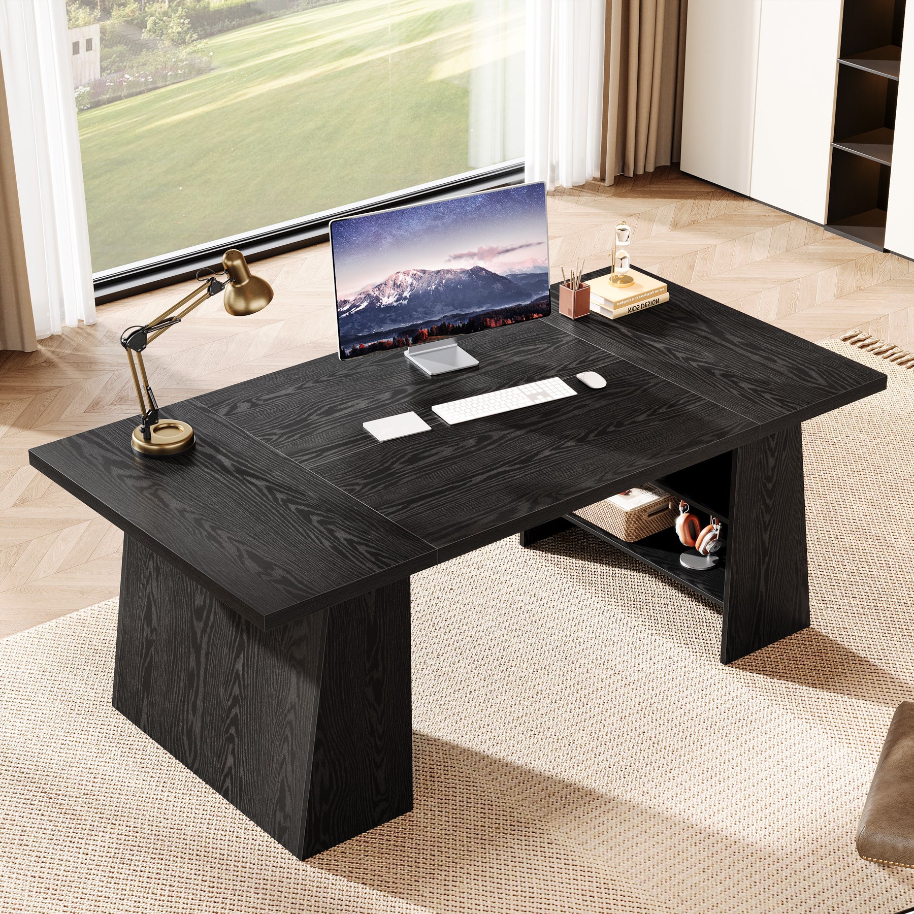 Tribesigns 63-Inch Modern Executive Desk with Storage Shelves, Black Office Desk for Home Office and Business Workstation
