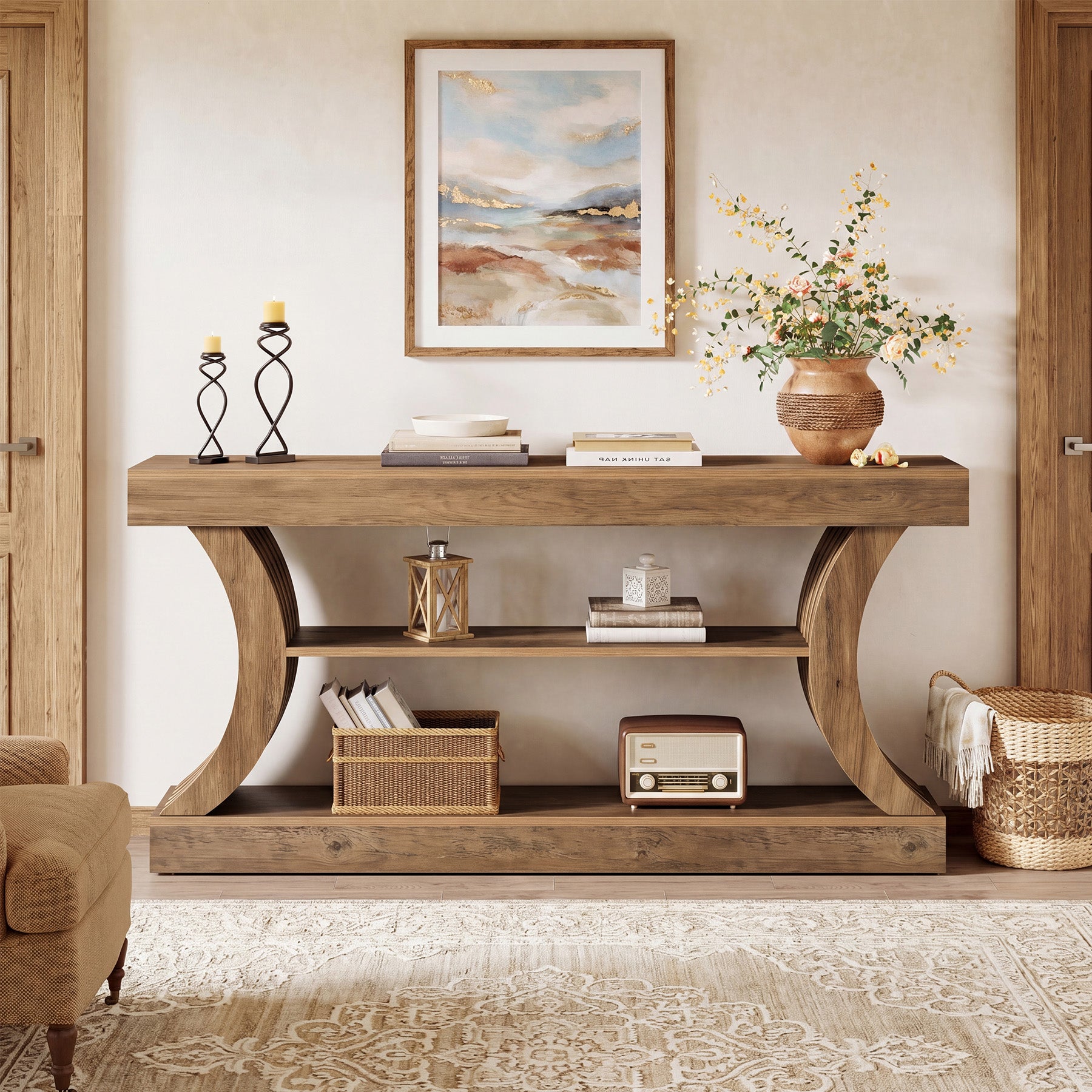 70.9-Inch 3-Tier Console Table with Curved Base, Farmhouse Hallway Table with Storage