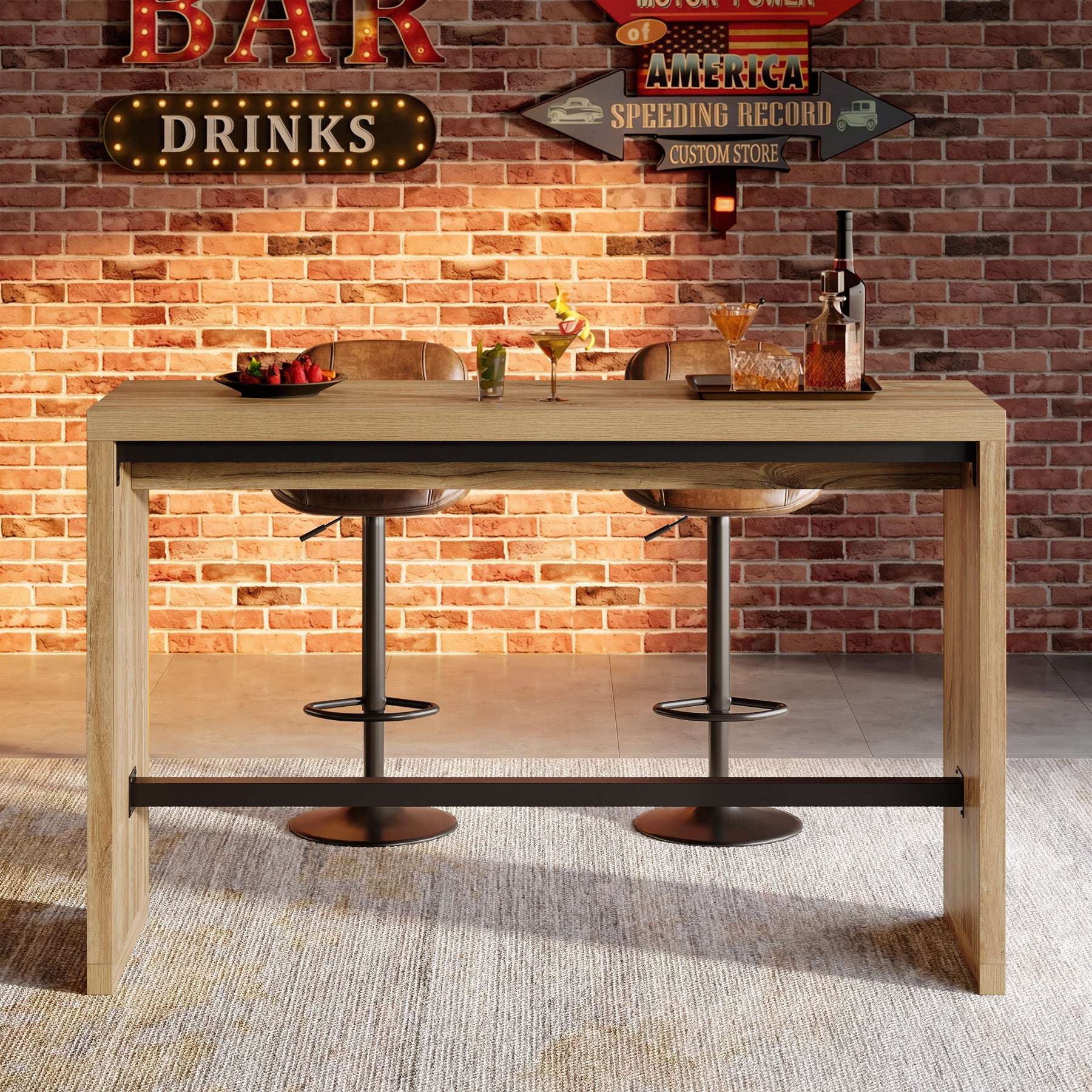 Tribesigns 55-Inch Counter Height Bar Table with Metal Footrest and Fluted Design, Rectangular High Top Pub Table for Home Bar Kitchen and Bistro
