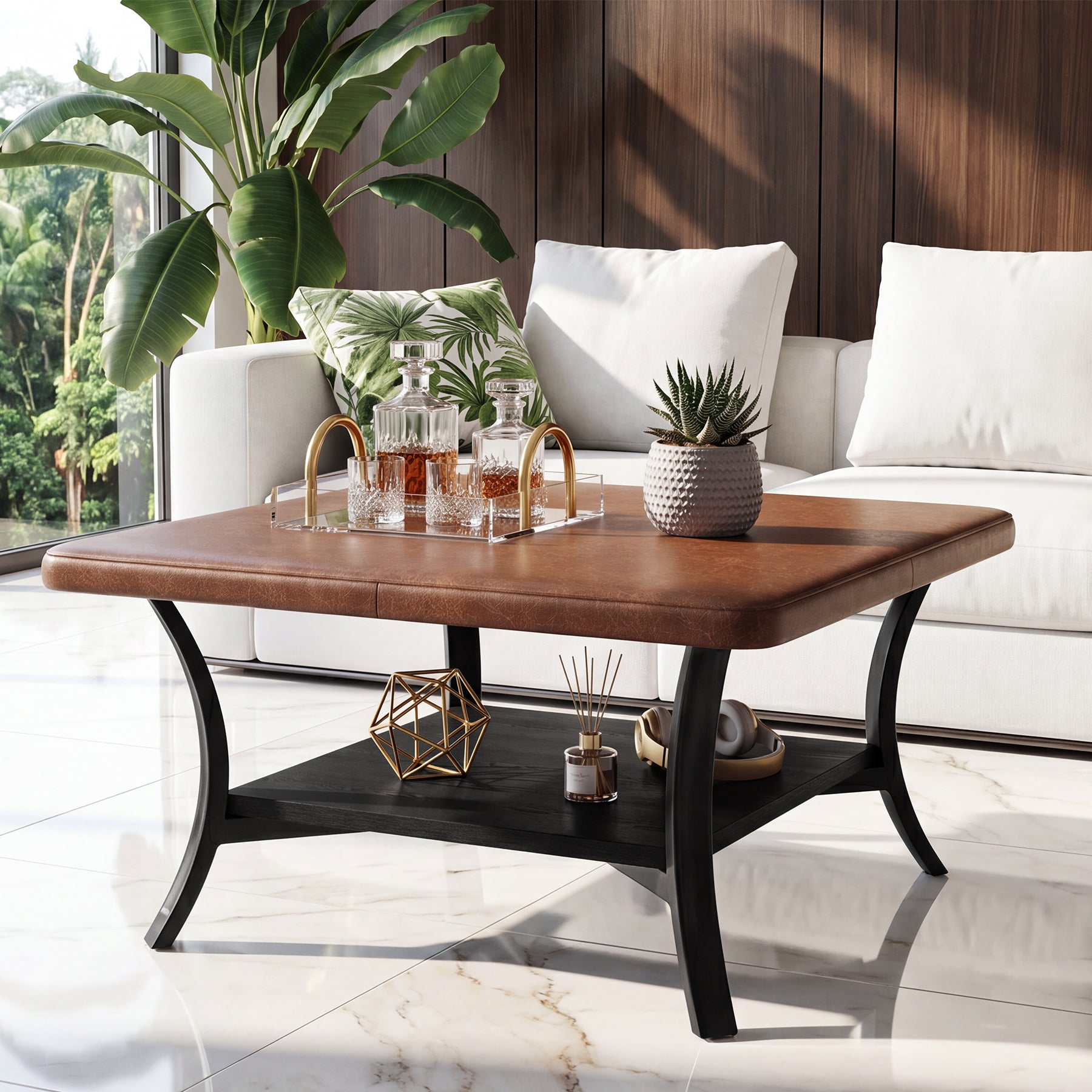 31.5-Inch Square Coffee Table, Upholstered Ottoman with PU Leather Top for Living Room