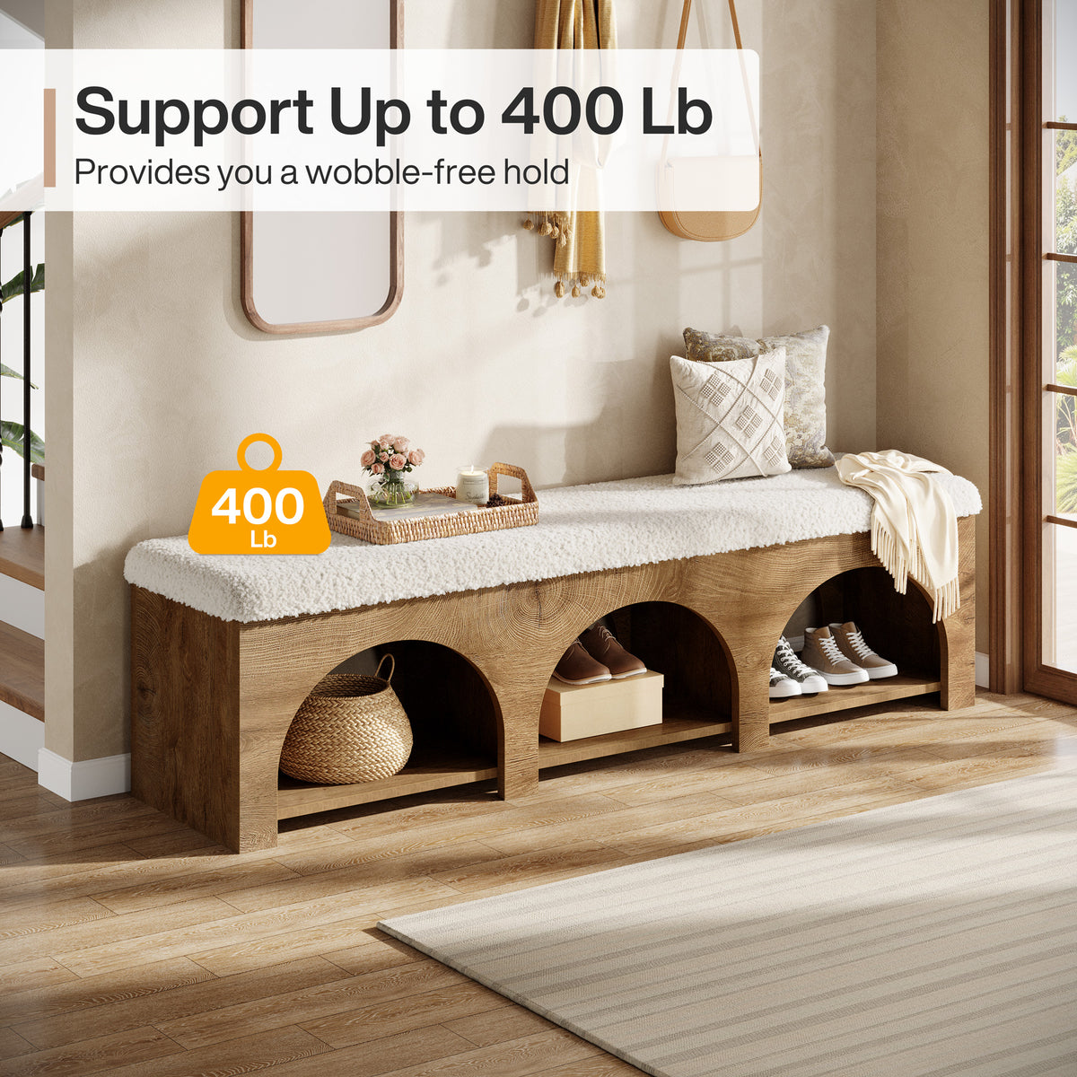 Tribesigns 63" Upholstered Entryway Bench with Arched Shoe Storage, Cushioned Bench for Hallway