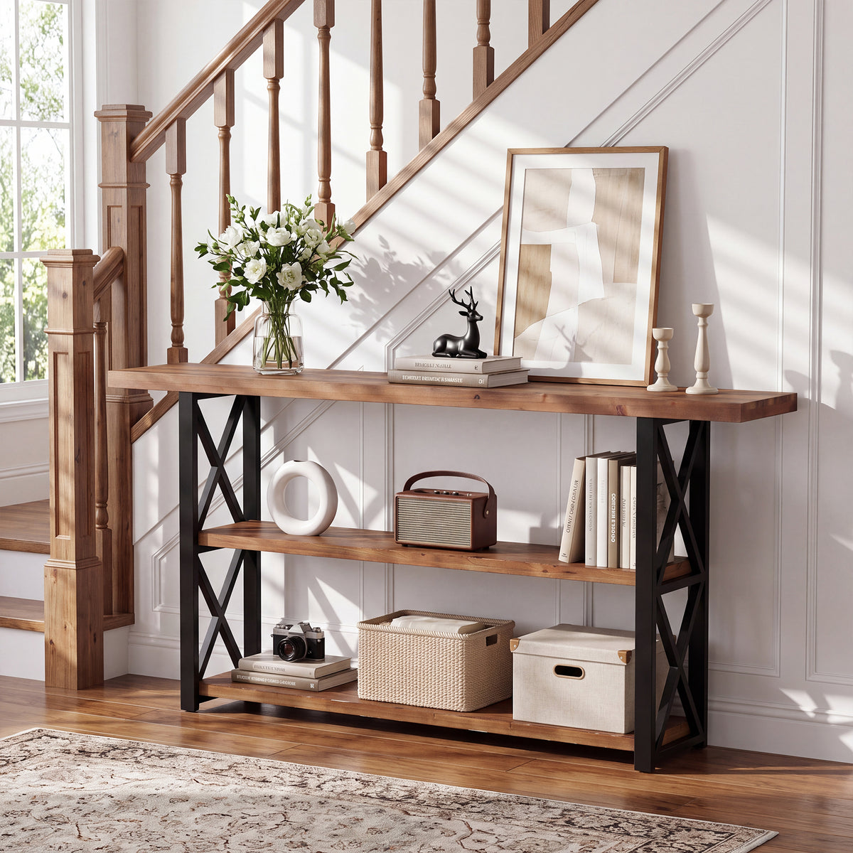 Tribesigns 63-Inch Narrow Console Table with 3-Tier Storage, Rustic Sofa Table for Hallway and Entryway
