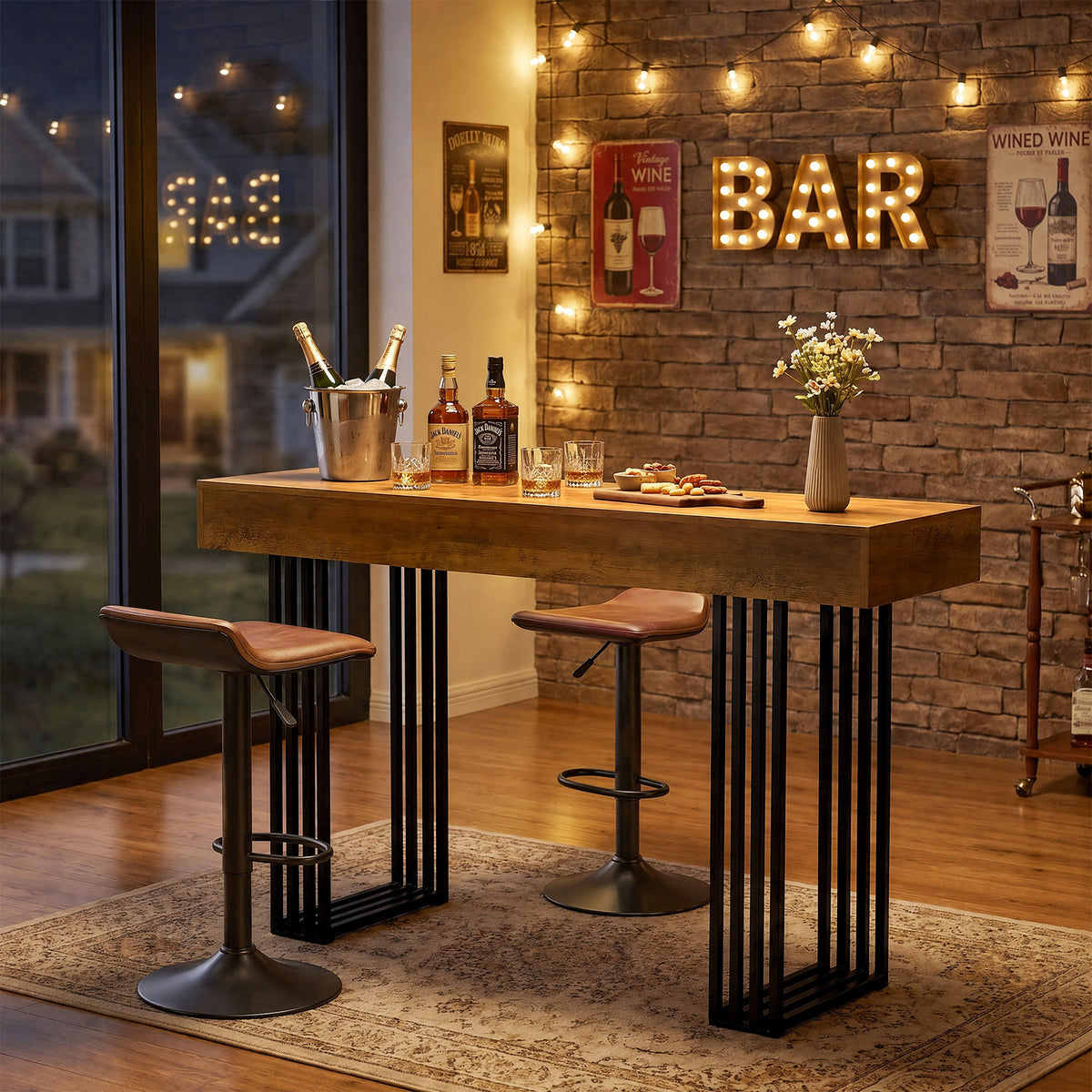 63 Inch Bar Height Table with Metal Frame, Industrial Farmhouse Pub Table for Kitchen and Home Office