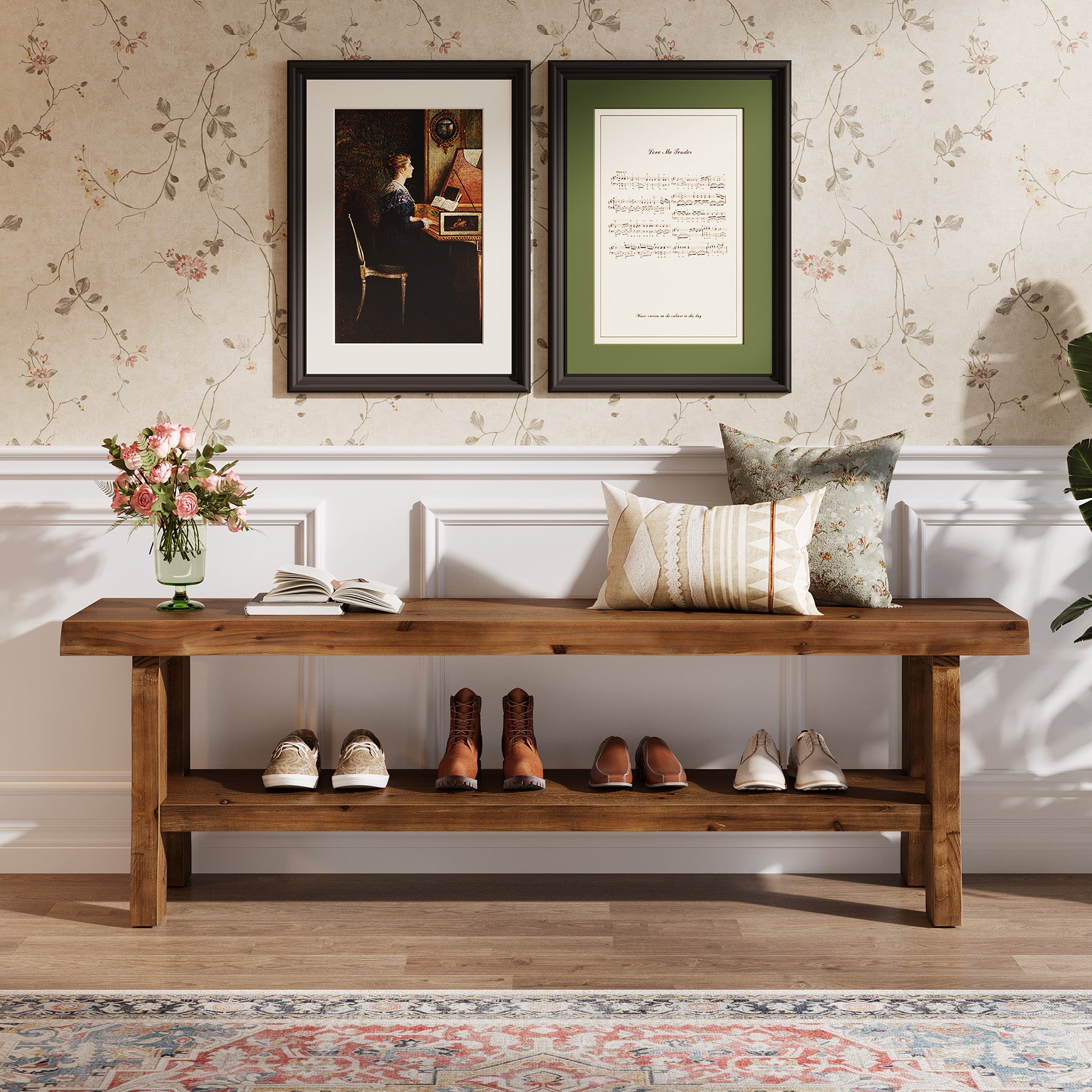Tribesigns 55-Inch Solid Wood Shoe Storage Bench, Entryway Bench with Lower Shelf for Hallway