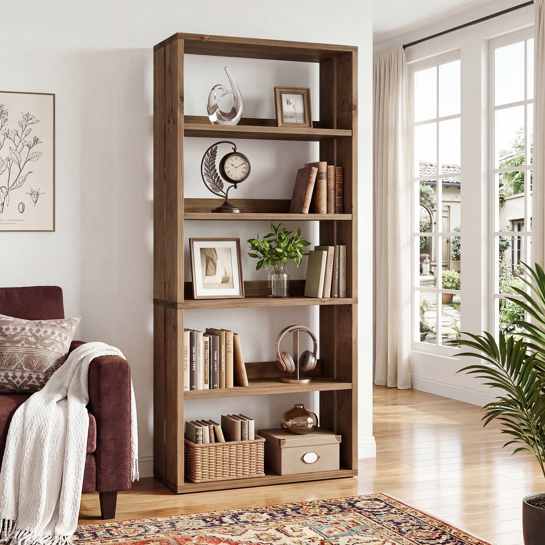 70.8 Inch Solid Wood Bookshelf, 5 Tier Rustic Bookcase with Display Storage for Home