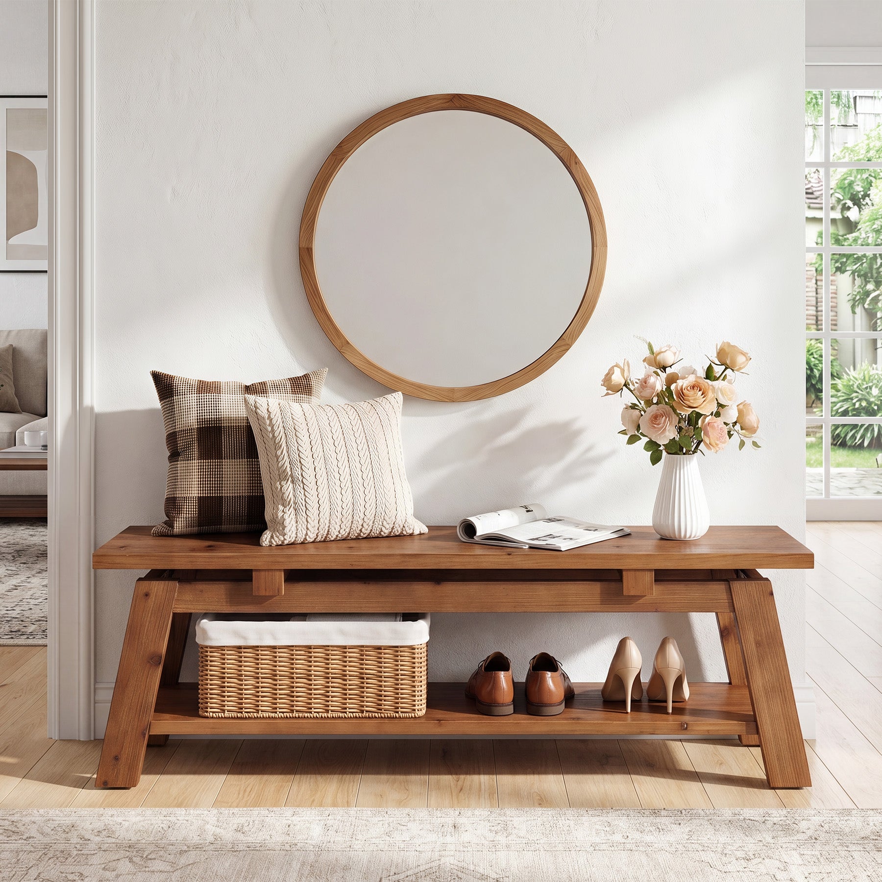 55-Inch Solid Wood Shoe Storage Bench with Lower Shelf, Farmhouse Entryway Seating for Hallway