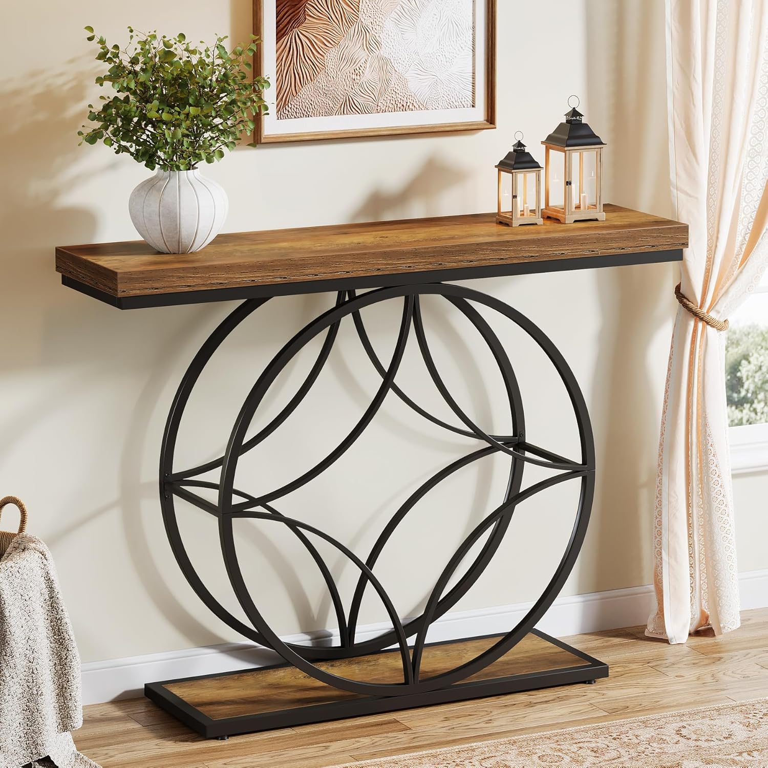 47" Industrial Console Table - 2-Tier Sofa Table with Geometric Metal Frame & Storage, Rustic Brown
