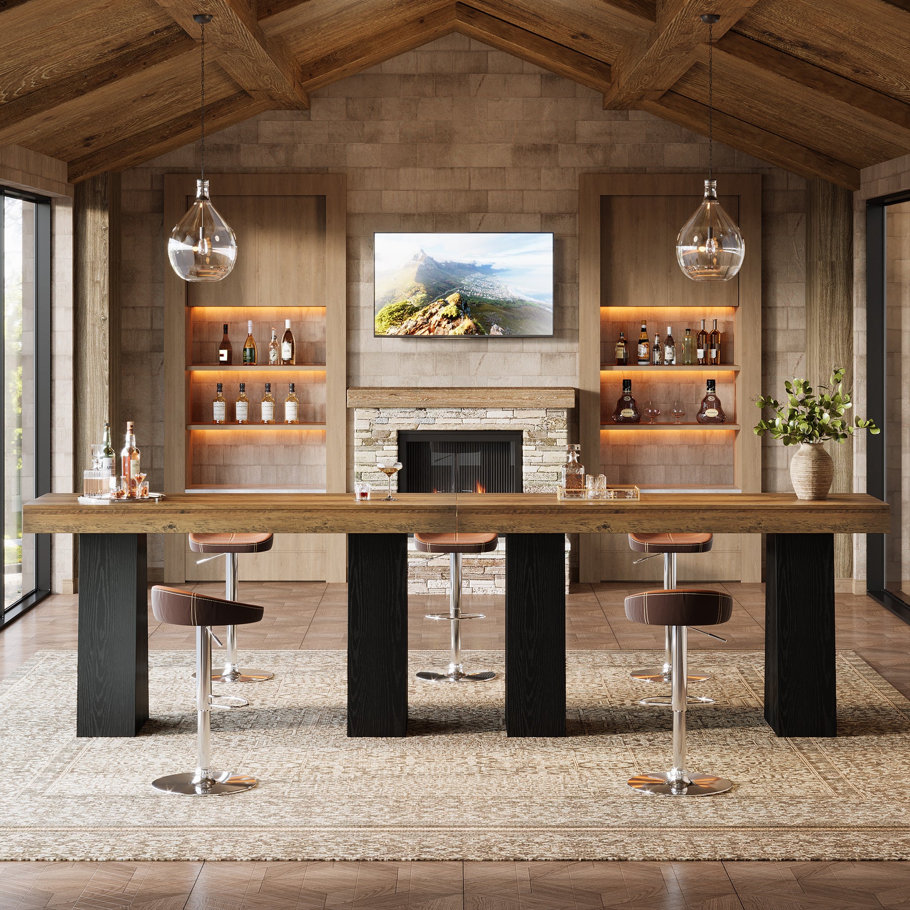 63-Inch Bar Height Table with Thick Top, Rustic Wood Counter Table for Kitchen