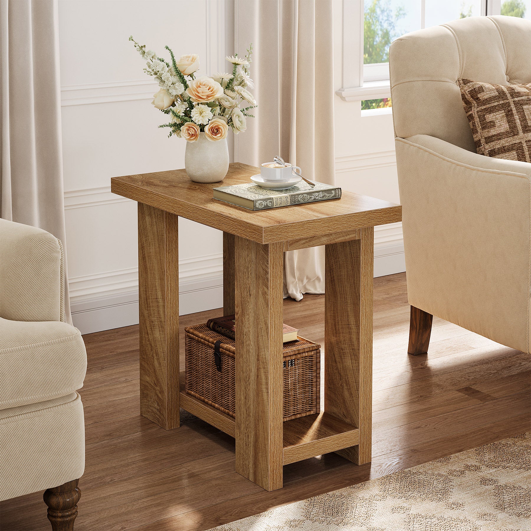 Tribesigns 27.6-Inch Wooden Side Table with 2-Tier Shelf, Farmhouse End Table for Small Spaces