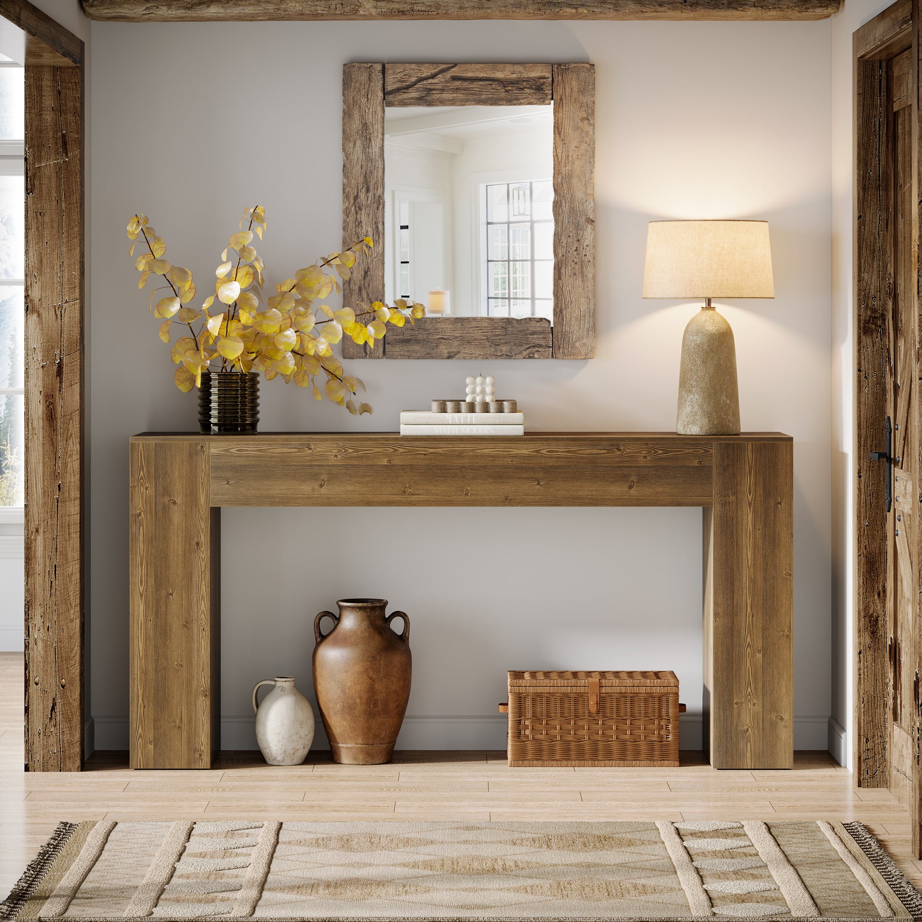 63" Farmhouse Console Table, Narrow Sofa Table with Natural Brown Finish for Entryway