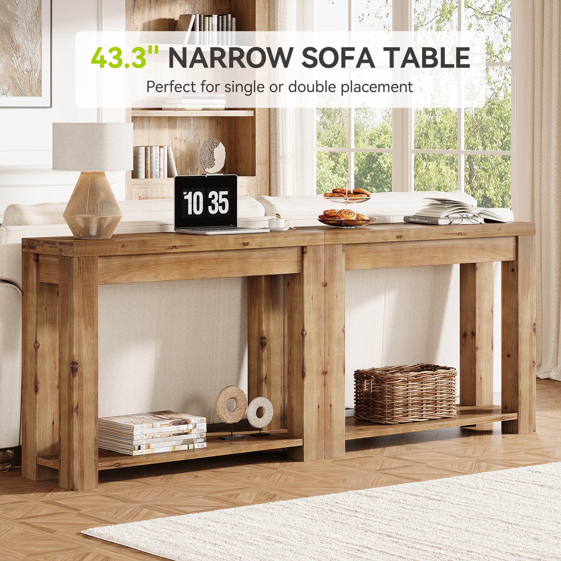 43.3-Inch Solid Wood Console Table, Narrow Farmhouse Sofa Table for Entryway Living Room