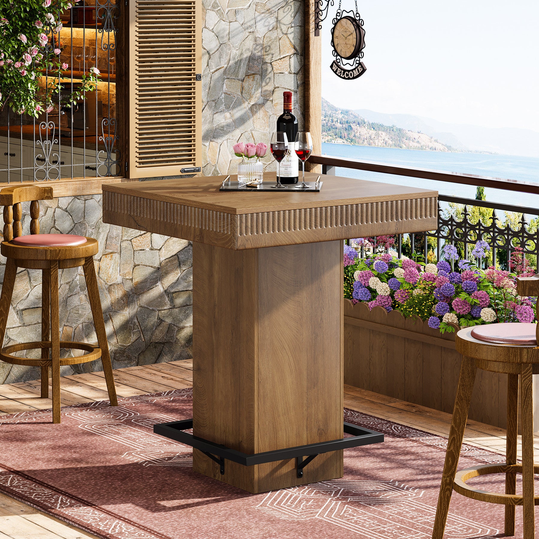 Tribesigns 31.5-Inch Square Bar Table with Metal Footrest, Industrial Pub Table for Small Kitchens