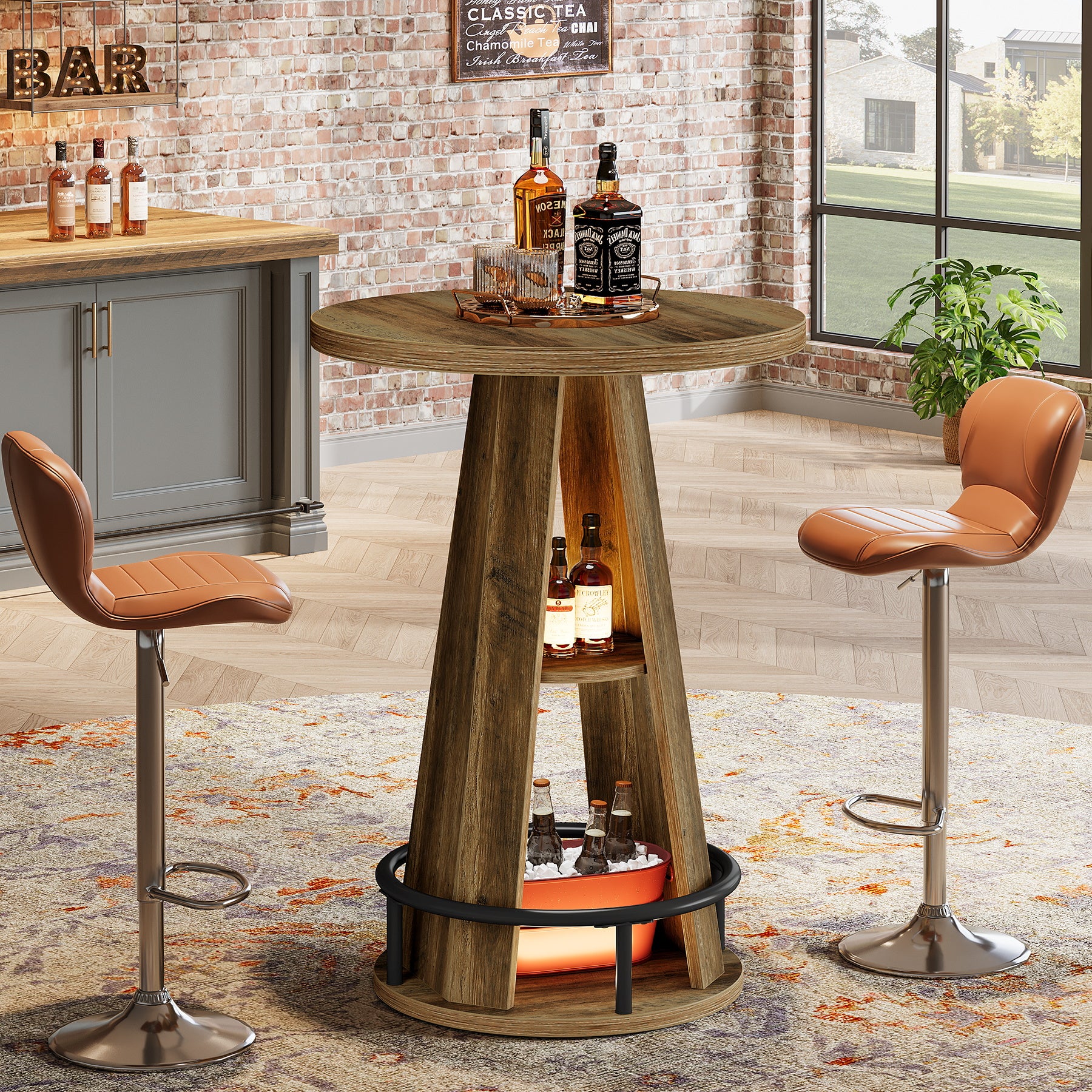 39.4-Inch Round Bar Table, High Top Industrial Bistro Table with Storage and Metal Footrest