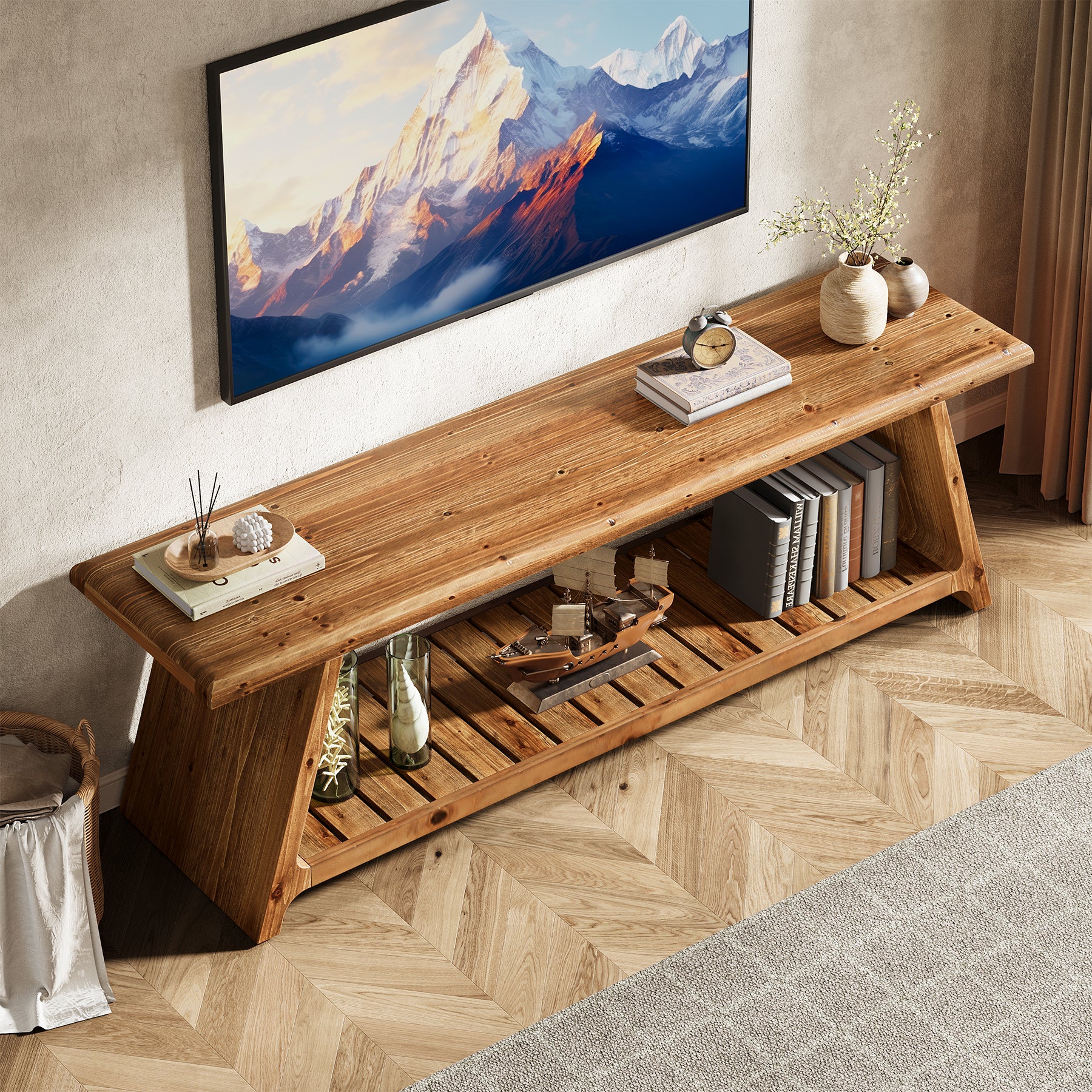 Tribesigns 63-Inch Solid Wood TV Stand with 2-Tier Storage, Farmhouse Media Console for Living Room and Bedroom