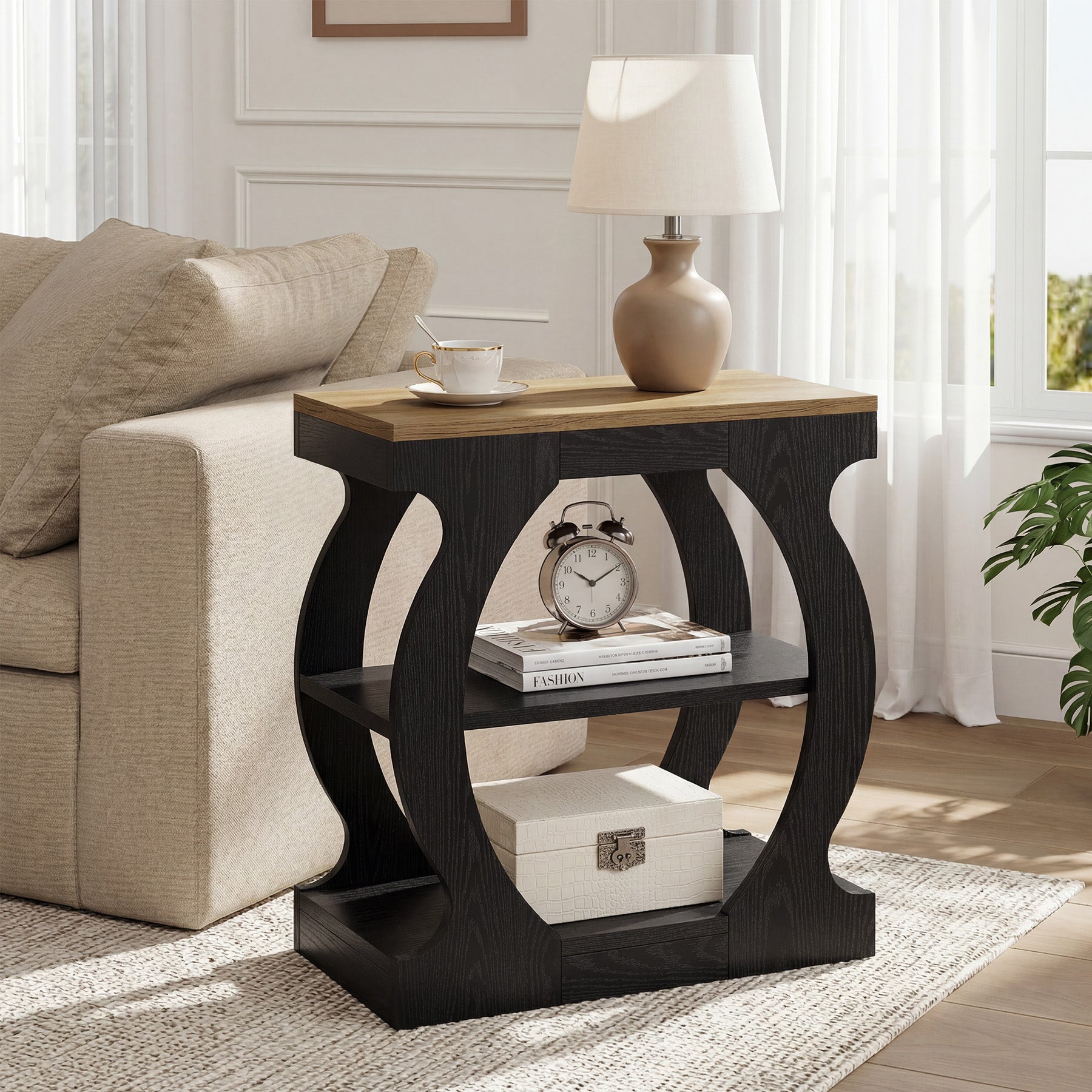 Tribesigns 23.6 Inch Narrow End Table with 3-Tier Storage, Wooden Side Table with Curved Frame