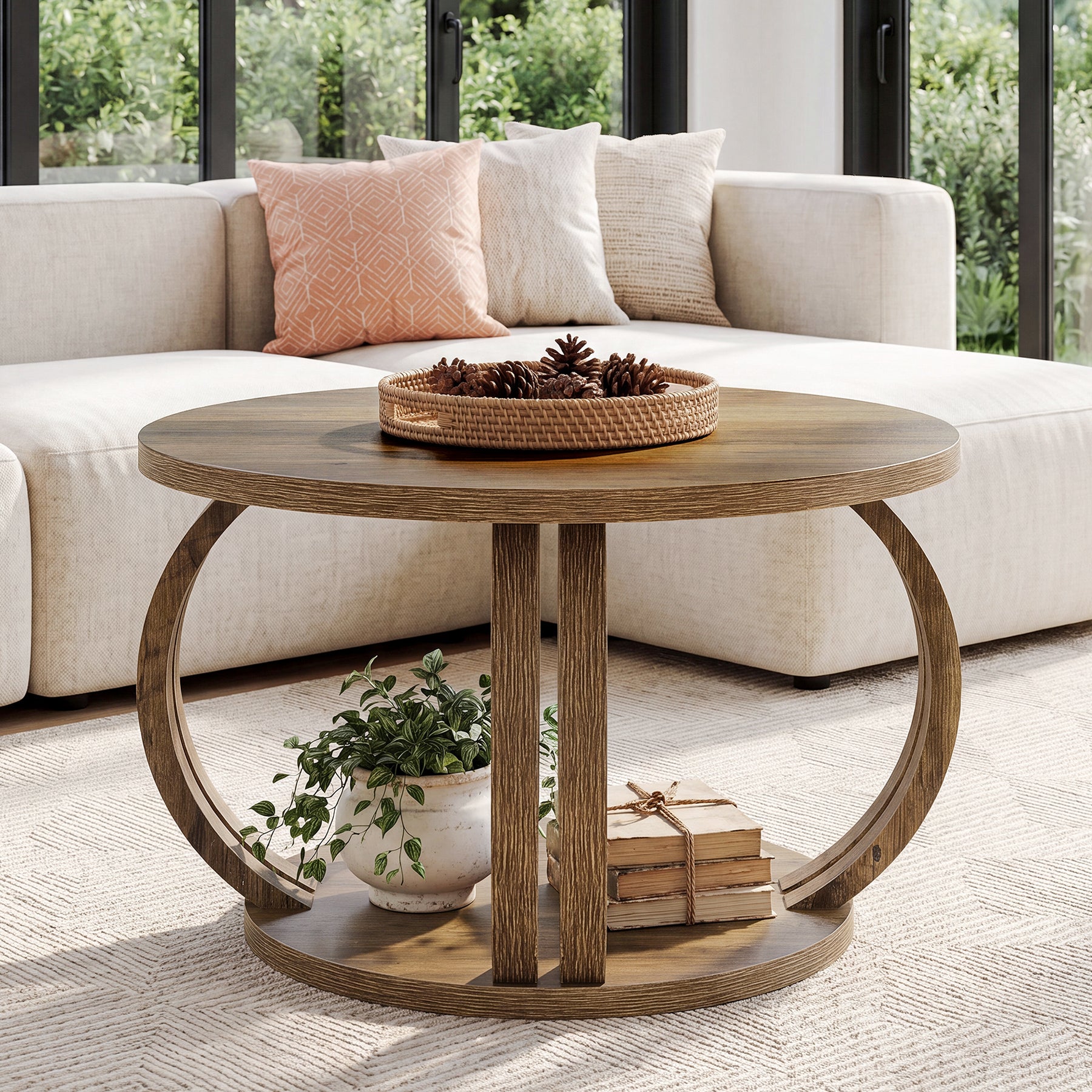 Tribesigns 31.5 Inch Round Coffee Table with Storage, Sculptural Curved Base for Living Room
