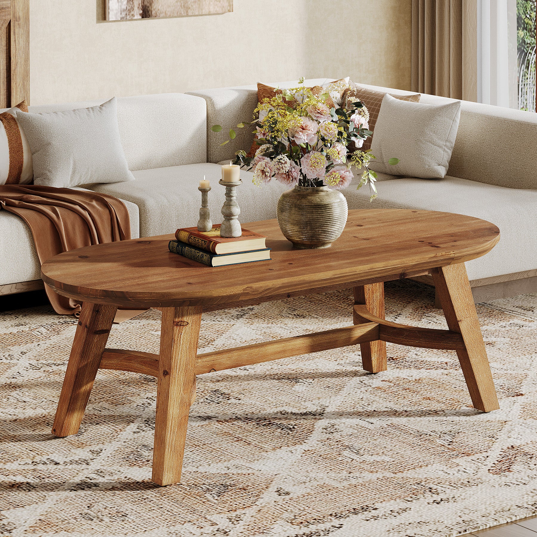 Tribesigns 47.2-Inch Oval Coffee Table, Solid Wood Living Room Table with Rustic Pine Finish for Modern Center Accent