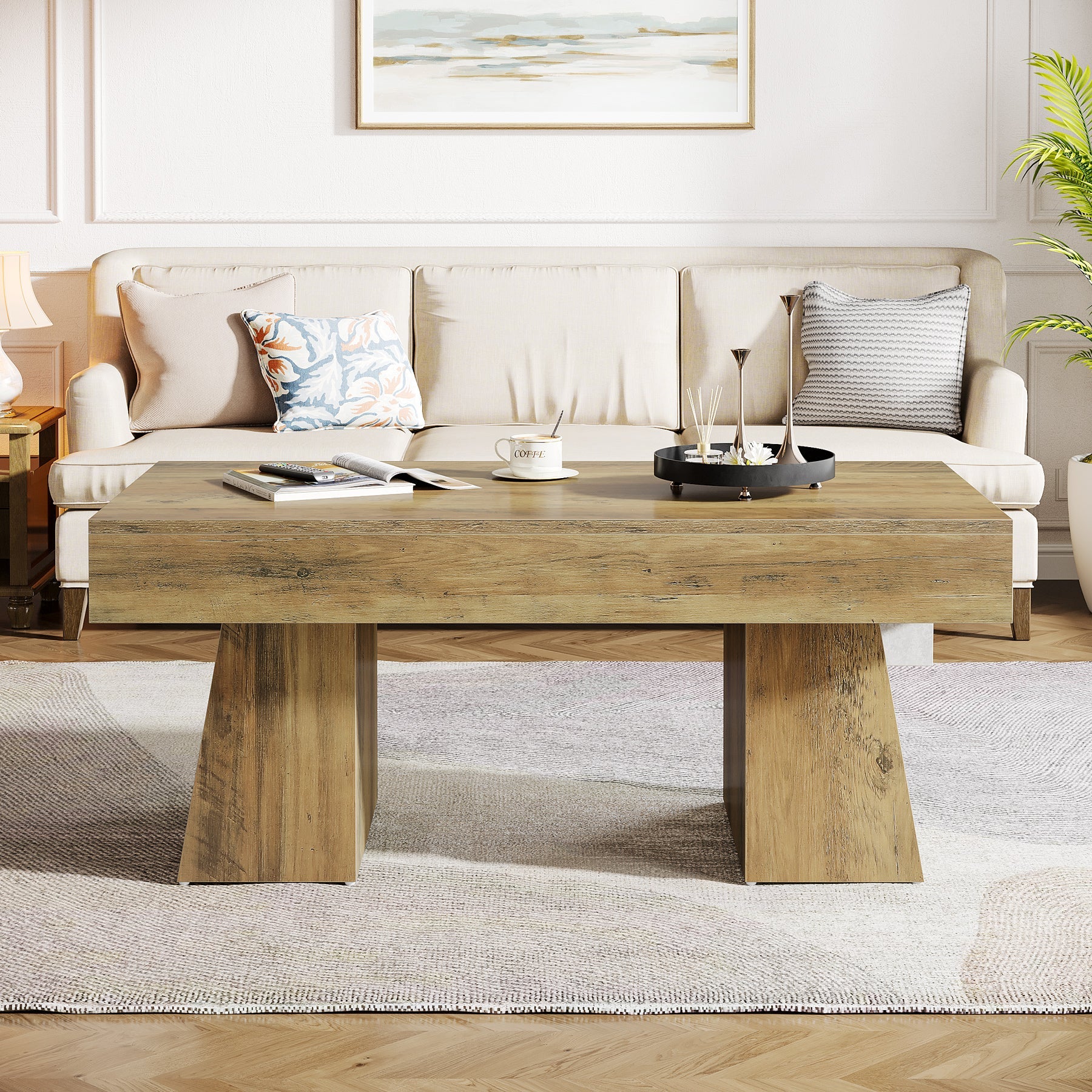47-Inch Farmhouse Rectangular Coffee Table, Wooden Center Table with Thick Sculptural Base
