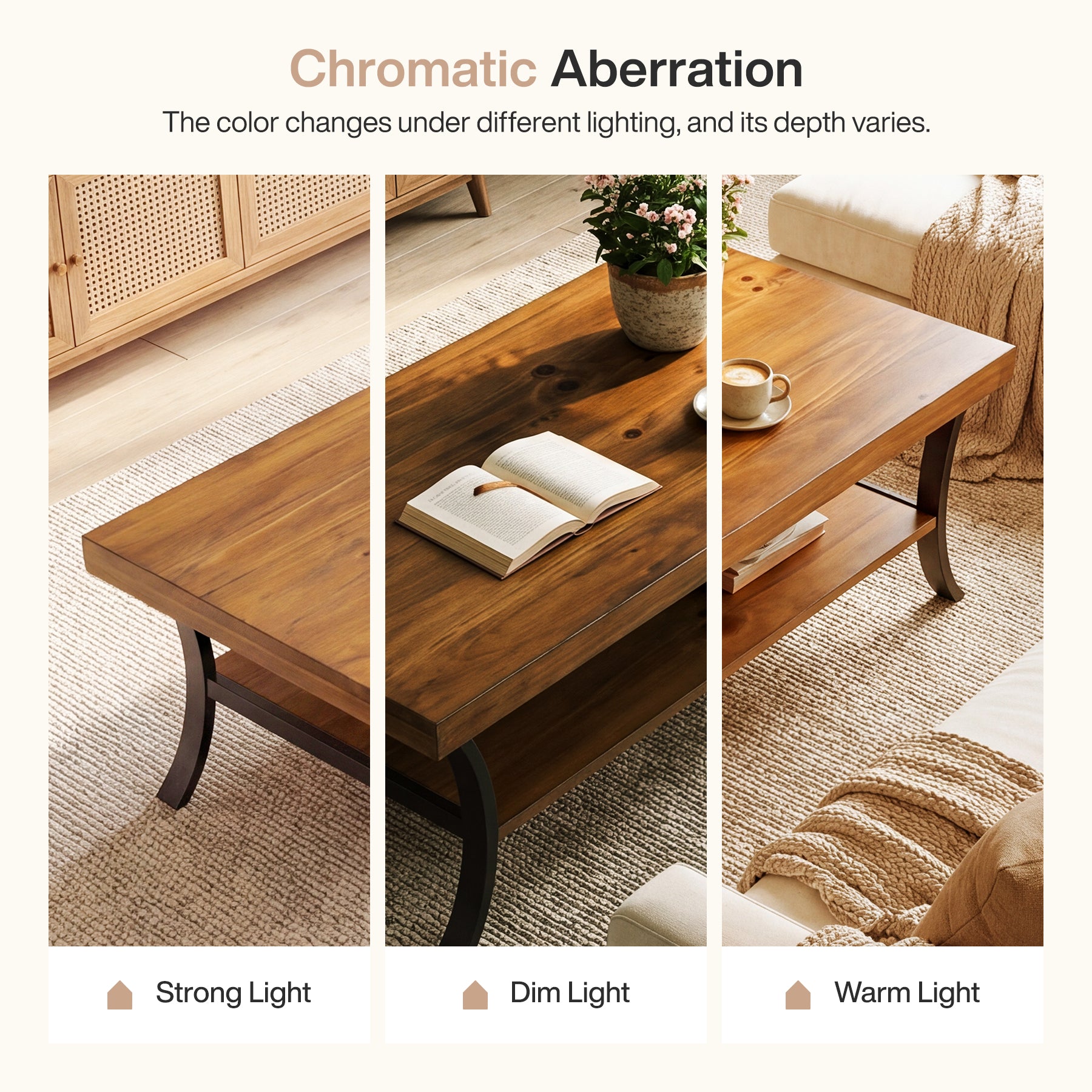 47 Inch Solid Wood Coffee Table, 2-Tier Farmhouse Center Table with Storage Shelf and Curved Metal Legs
