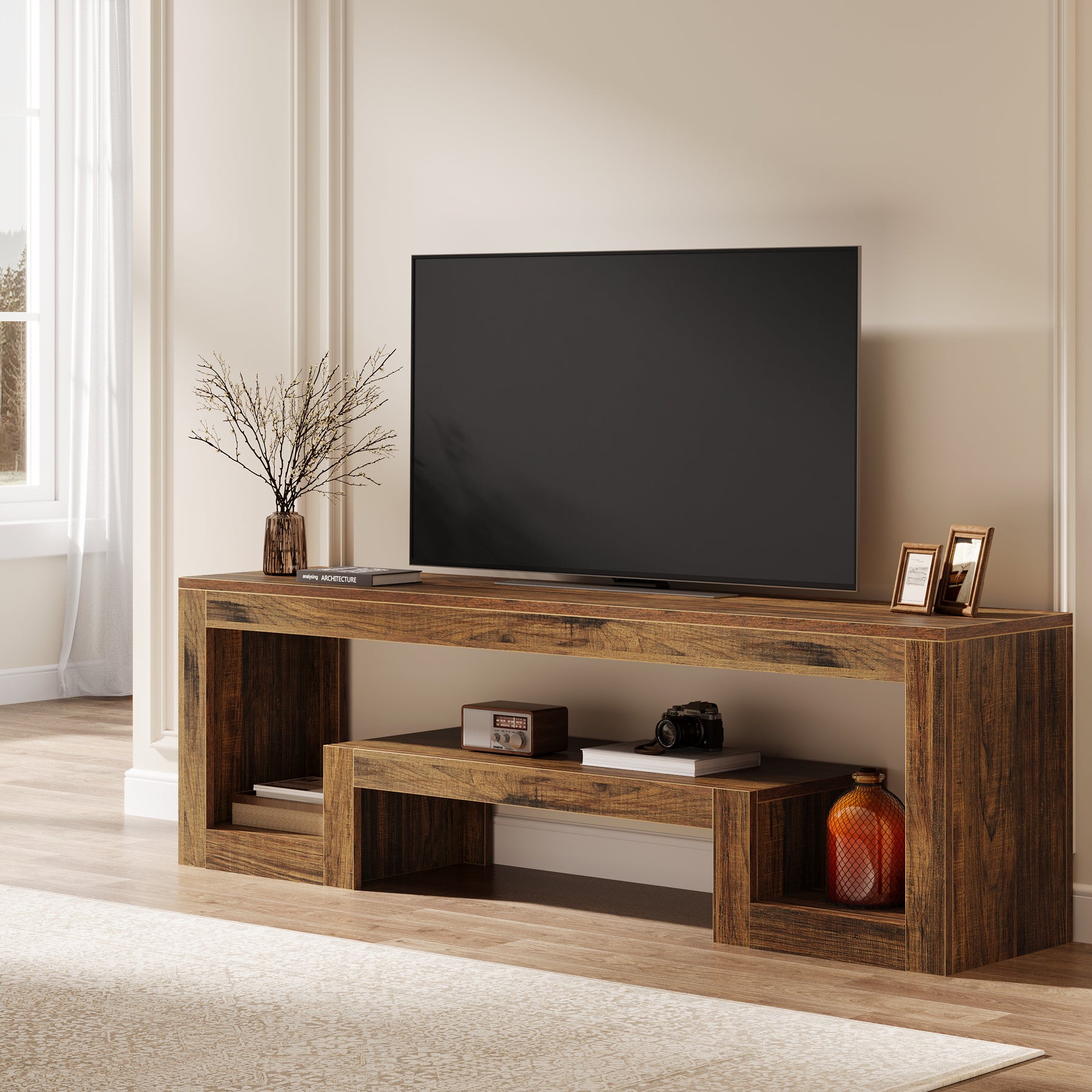 Tribesigns 63-Inch TV Stand, Farmhouse Entertainment Center with Open Storage Shelves for Living Room