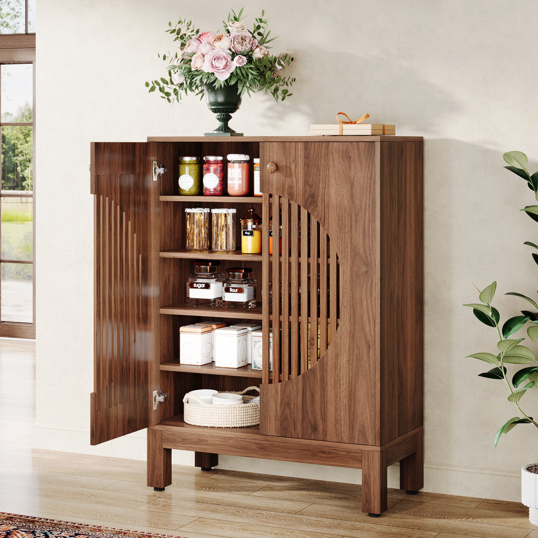 Tribesigns 28.74-Inch Farmhouse Sideboard Cabinet, Wooden Buffet Cabinet with Round Louvered Doors for Kitchen