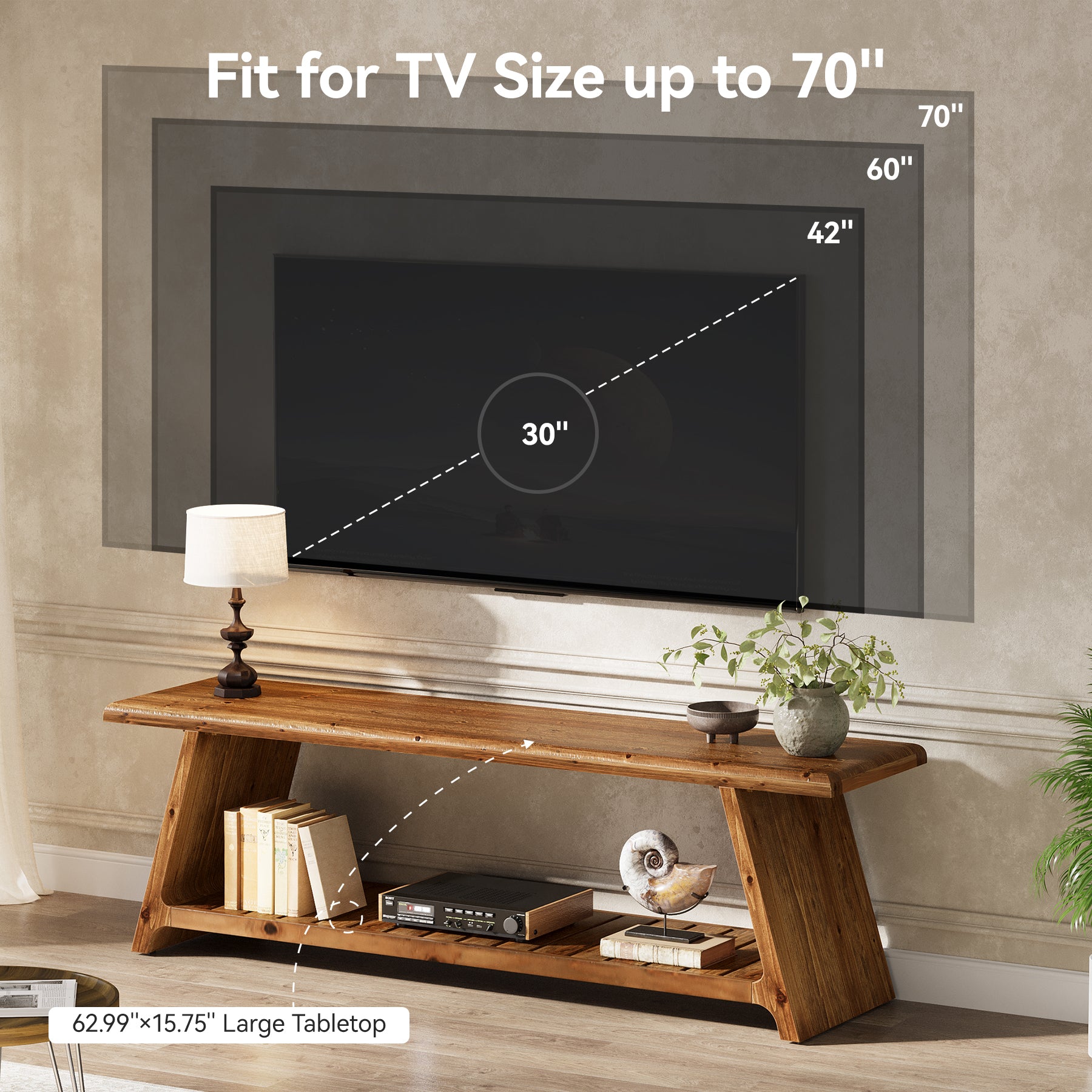 Tribesigns 63-Inch Solid Wood TV Stand with 2-Tier Storage, Farmhouse Media Console for Living Room and Bedroom