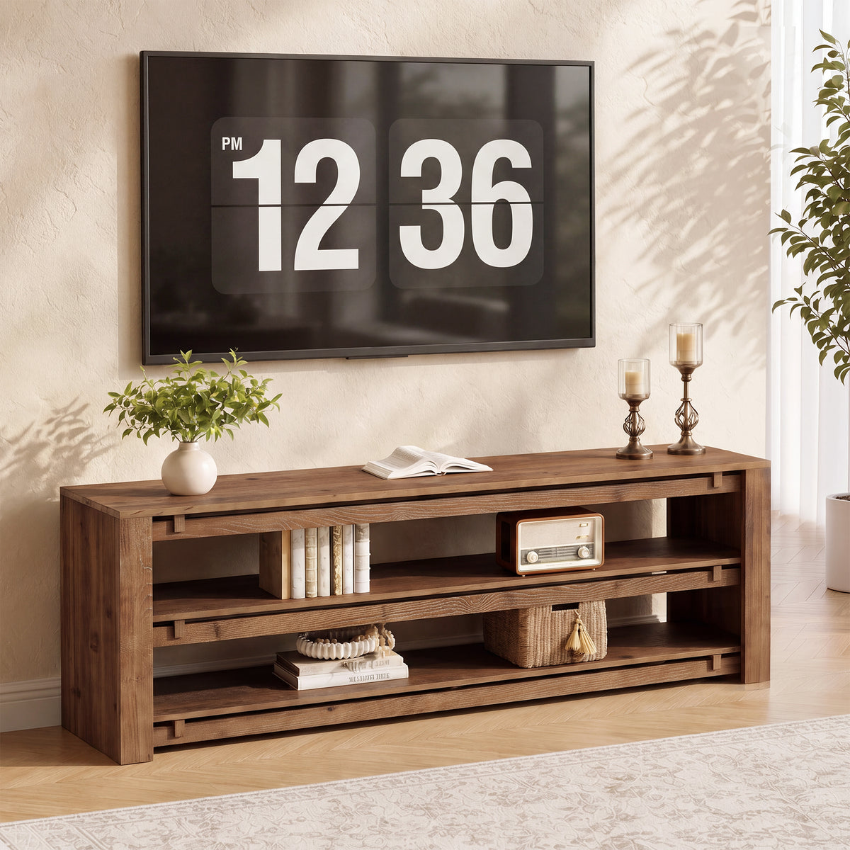 Tribesigns 63" Solid Wood TV Stand with 3-Tier Open Storage, Rustic Media Console for 75" TVs