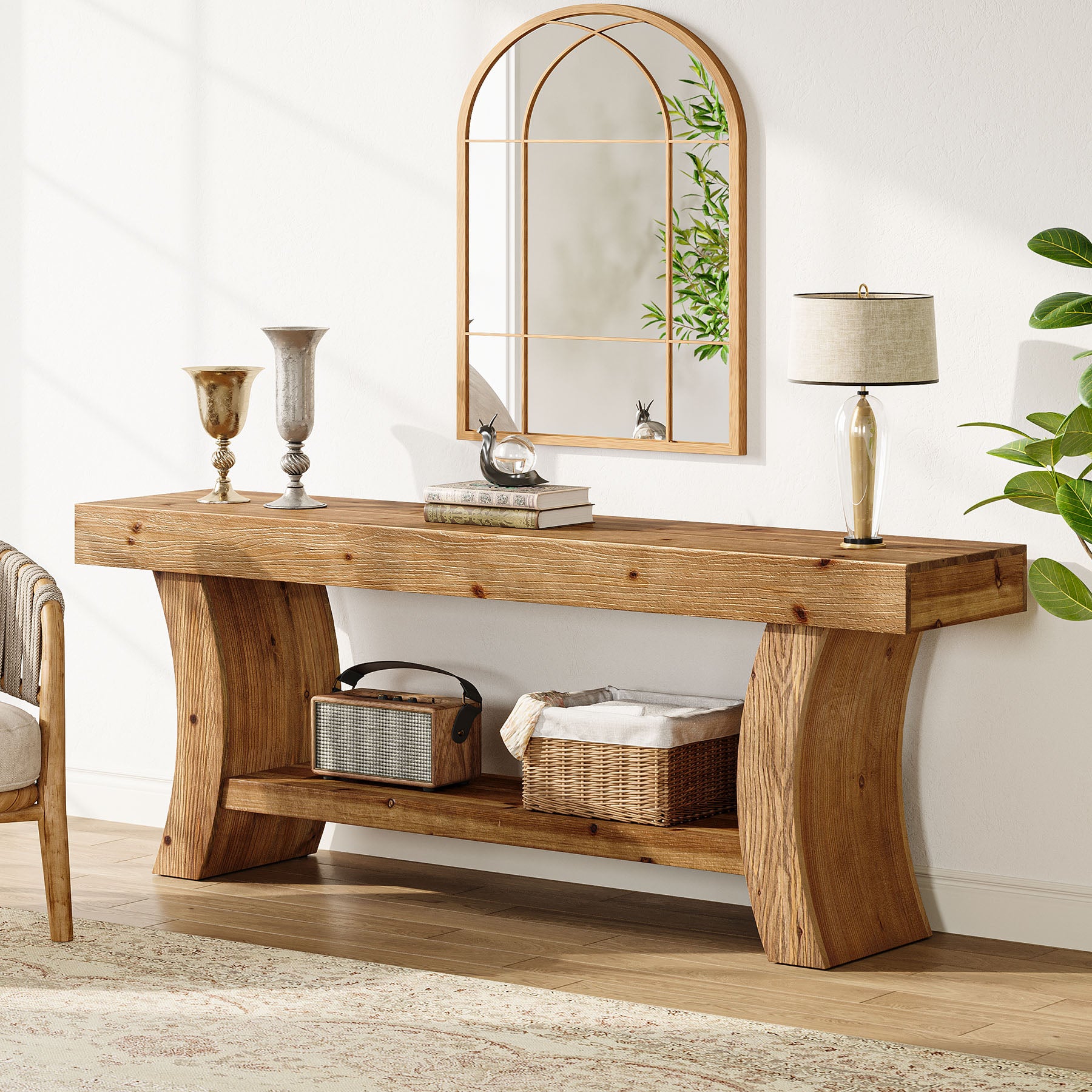 Tribesigns 63-Inch Solid Wood Console Table with Curved Legs and Storage Shelf, Farmhouse Sofa Table for Entryway Living Room and Behind Couch