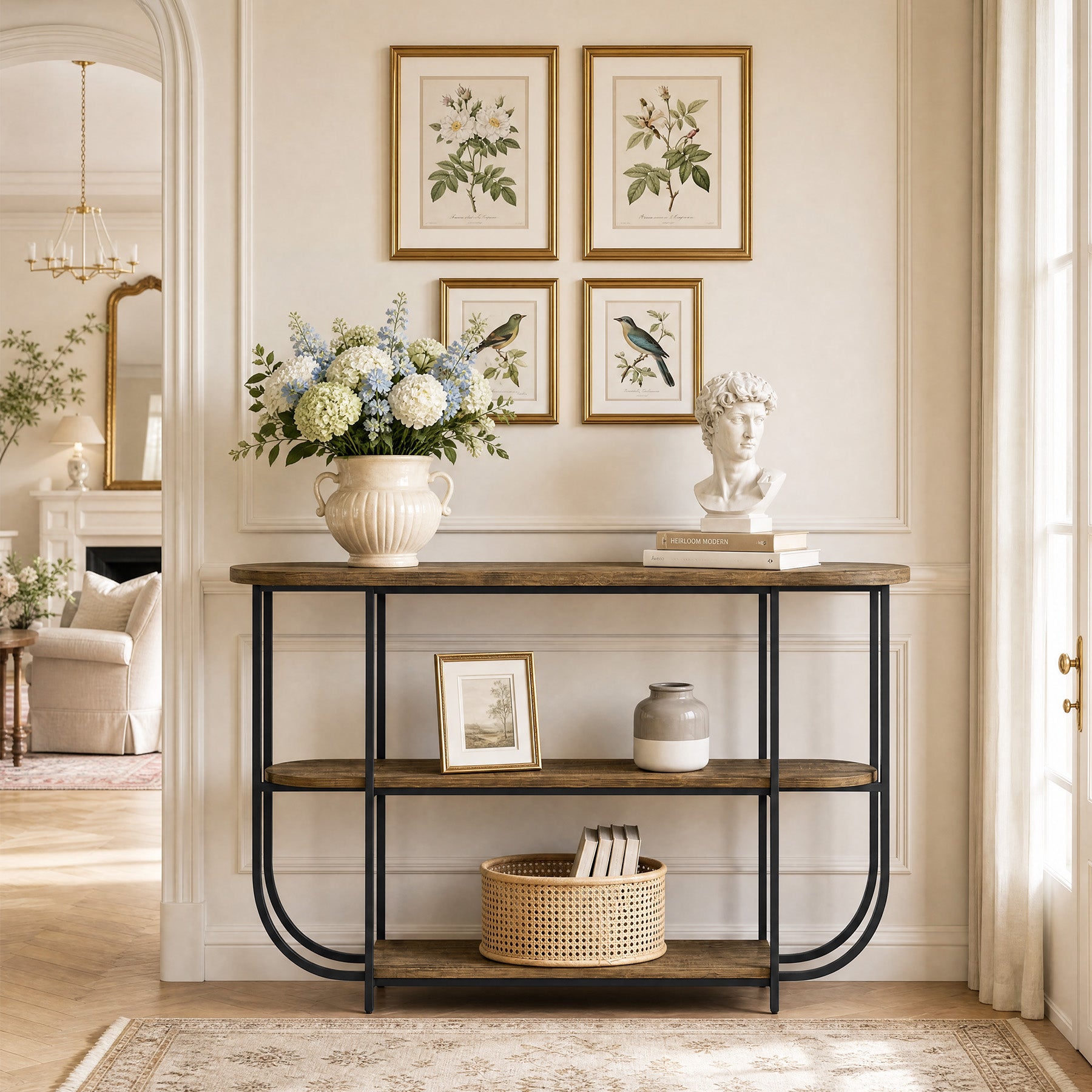Tribesigns 63-Inch 3-Tier Narrow Console Table with Curved Metal Frame, Modern Vintage Entryway Sofa Table for Living Room