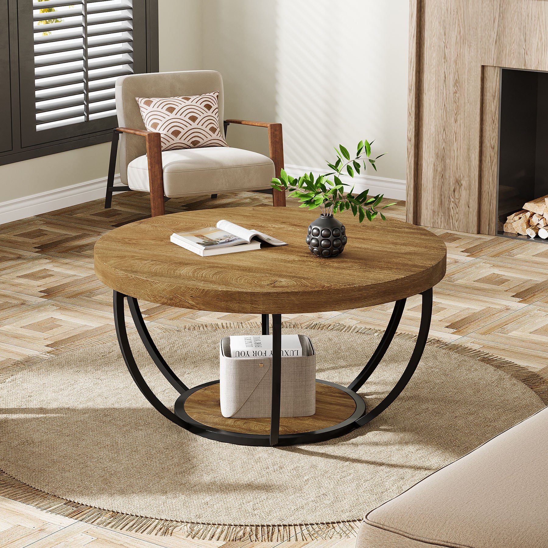 Round Wooden Coffee Table with 2-Tier Shelves
