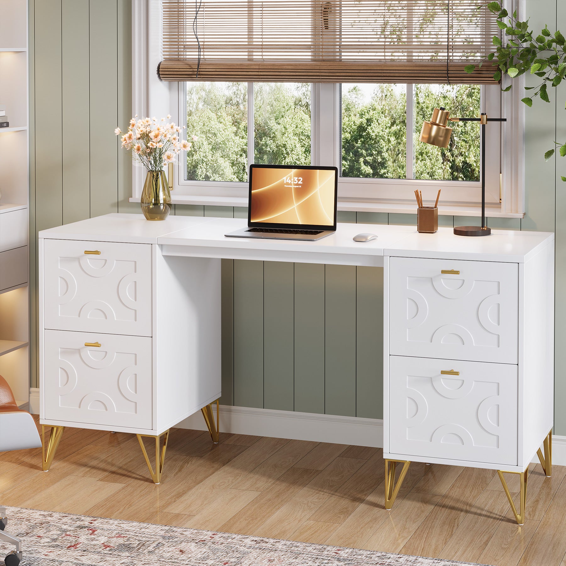 59-Inch Office Desk with Drawers, Modern White Computer Desk with Gold Legs for Home Workspace