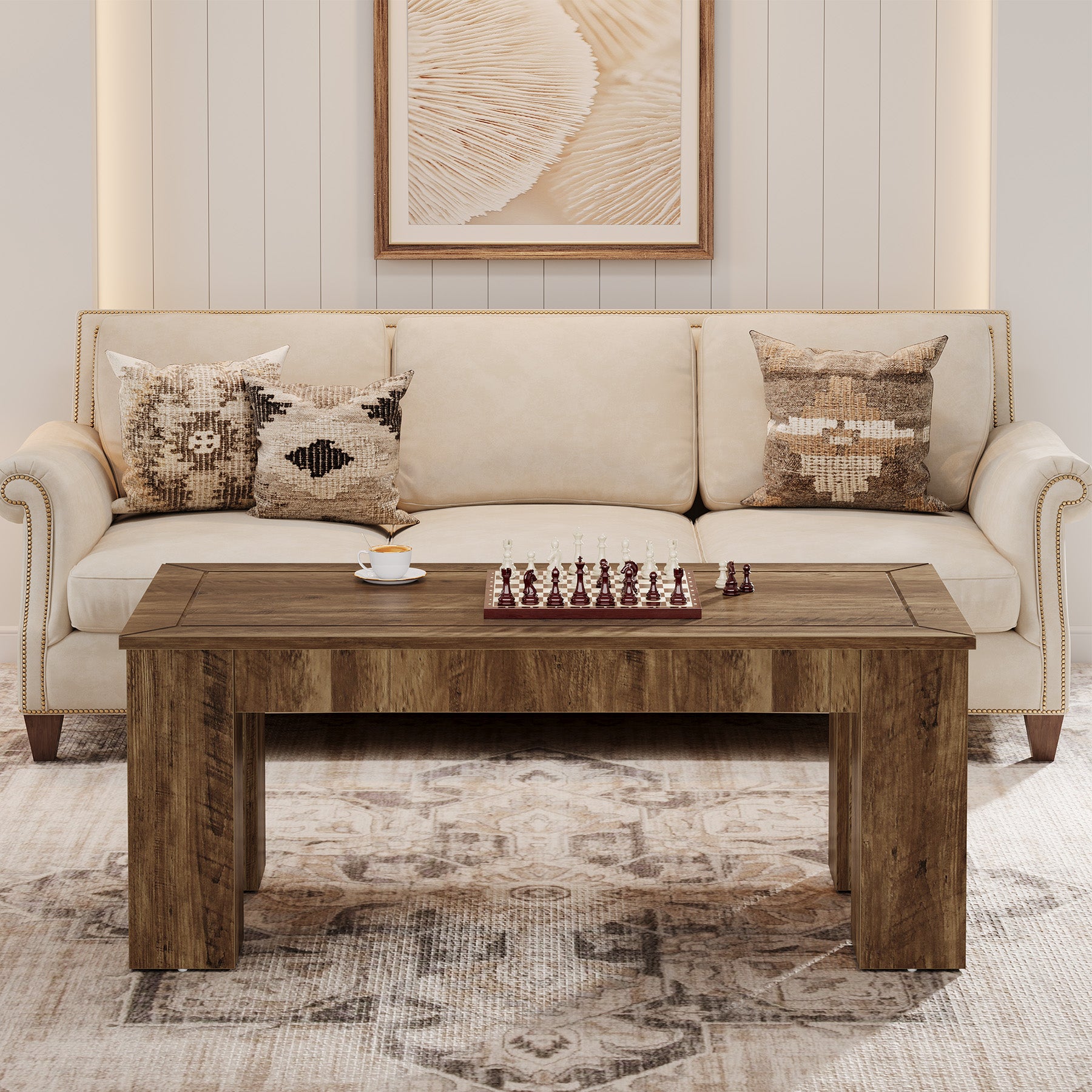 47" Rectangle Coffee Table for Living Room, Farmhouse Style Center Table with Sturdy Legs