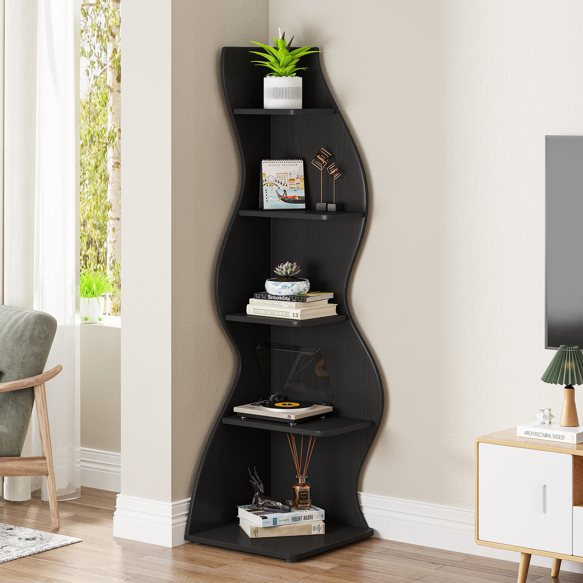69.9" Tall Corner Shelf, 5-Tier Wavy Display Shelf for Plants & Decor